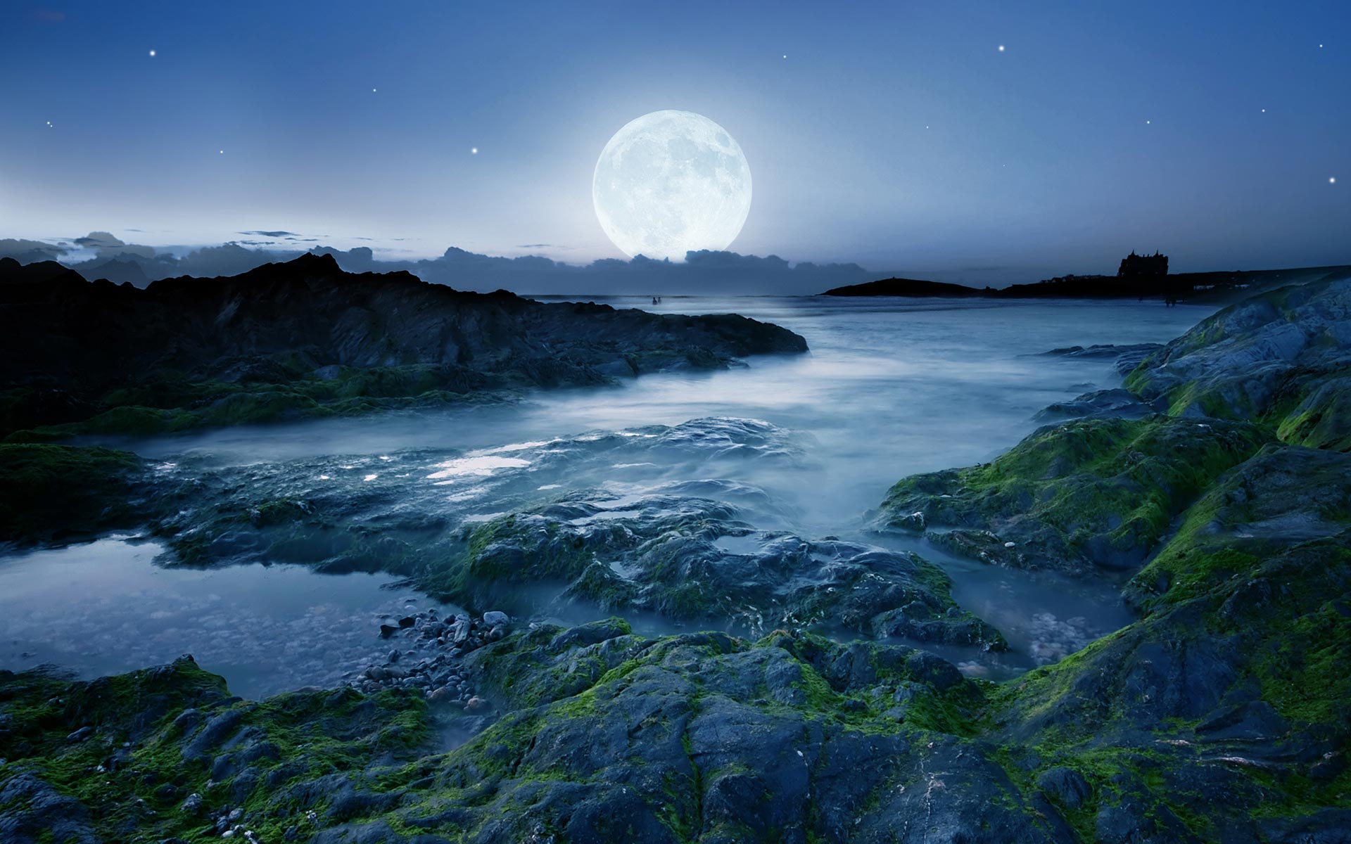 Luna piena su costa rocciosa, 1920x1200 WUXGA, PC