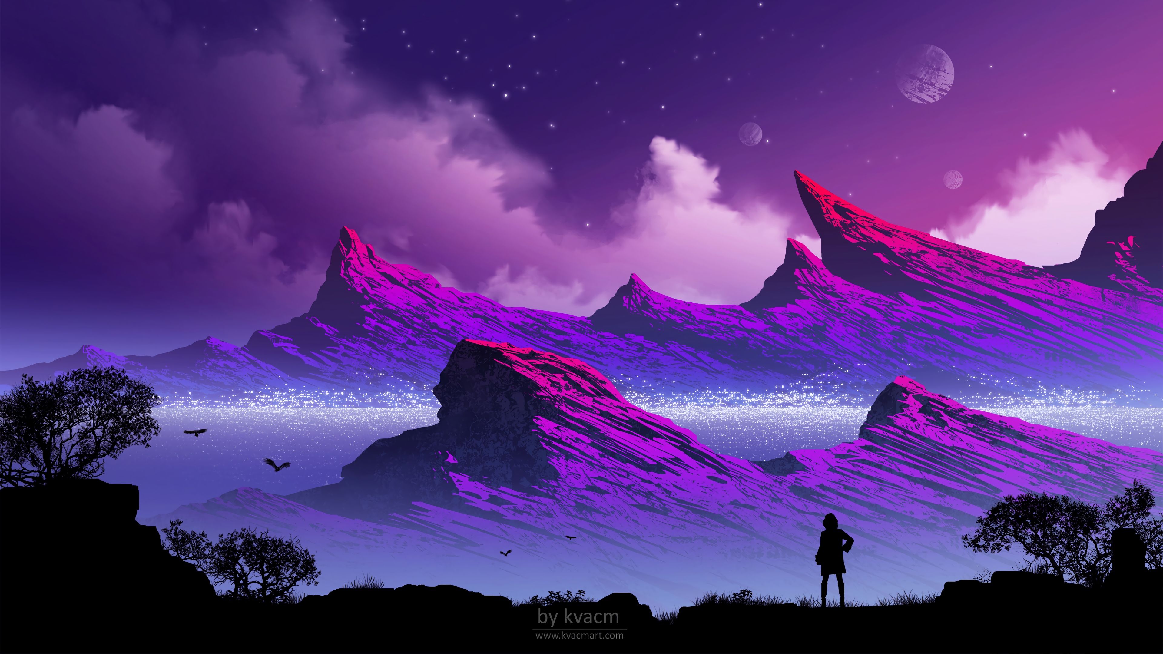 Montagne viola con silhouette, 3840x2160 UHD, Monitor 4K