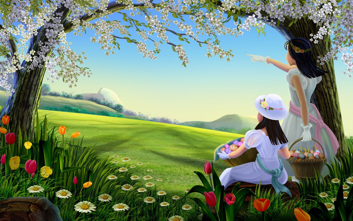 Bambine sotto albero fiorito, 1500x938 HD, Desktop