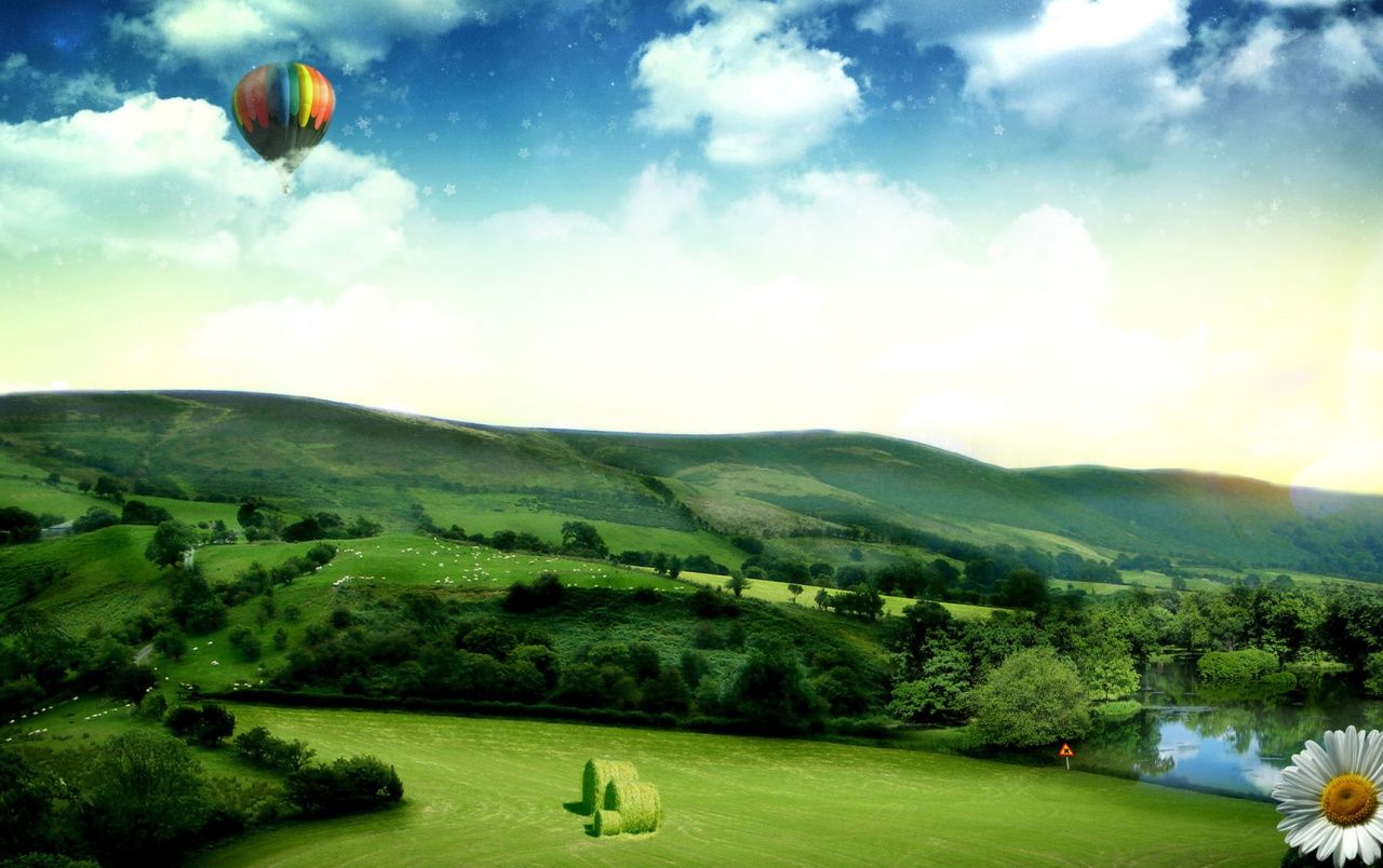 Mongolfiera su valle verde, 1280x804 720p, Laptop