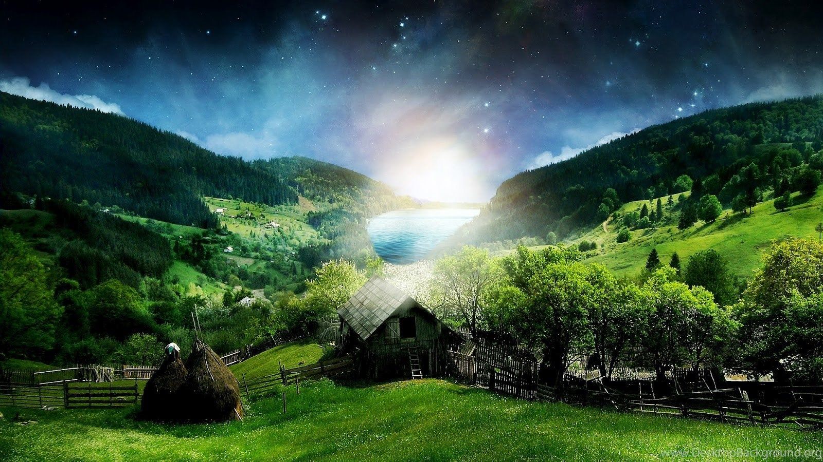 Valle rurale con luce cosmica, 1600x900 900p, Desktop
