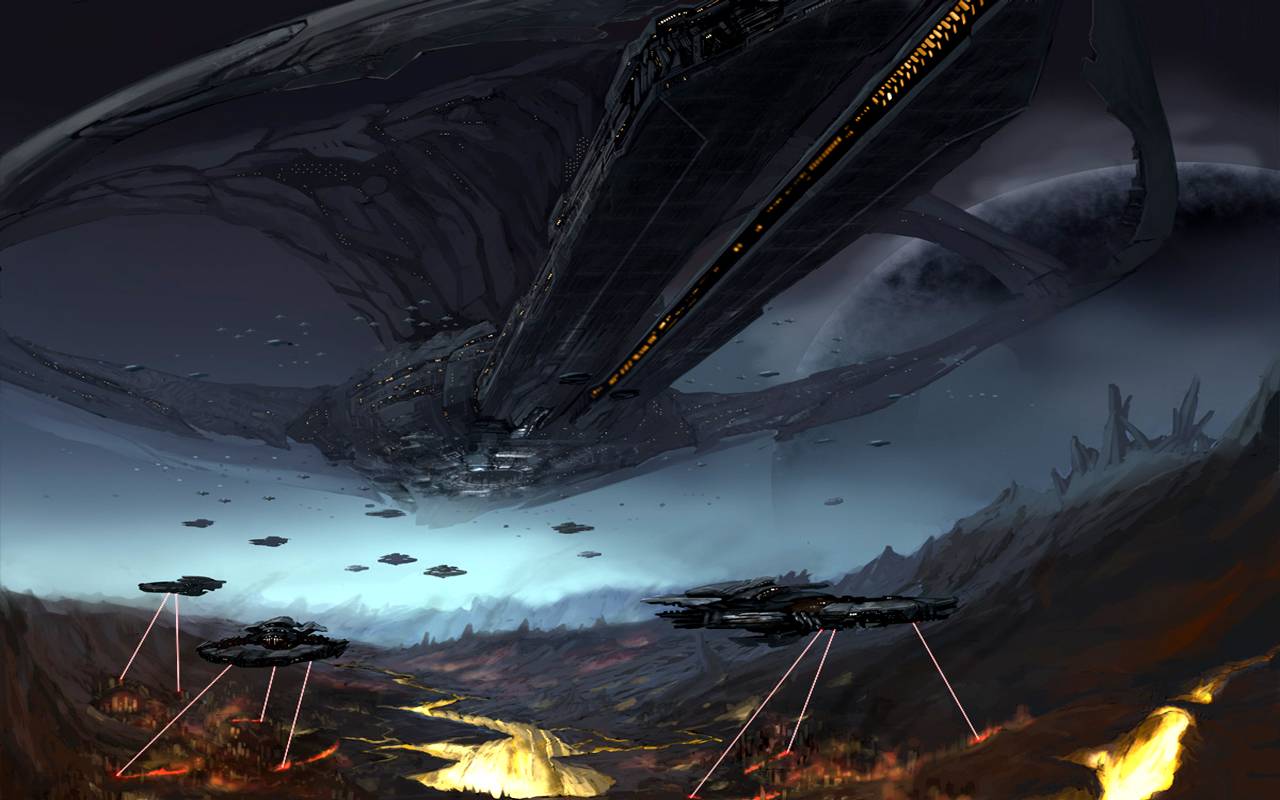 Astronave aliena scura sorvola vulcano, 1280x800 720p, Laptop