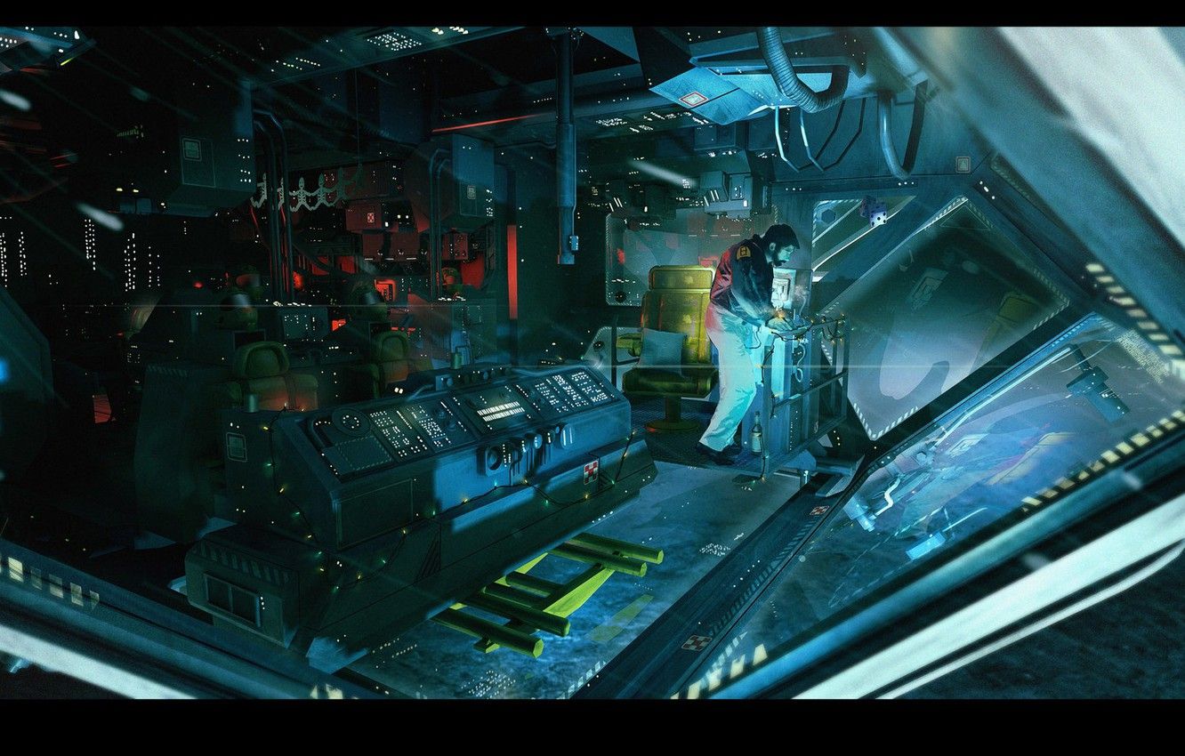 Interno astronave sci-fi blu, 1332x850 HD, Desktop