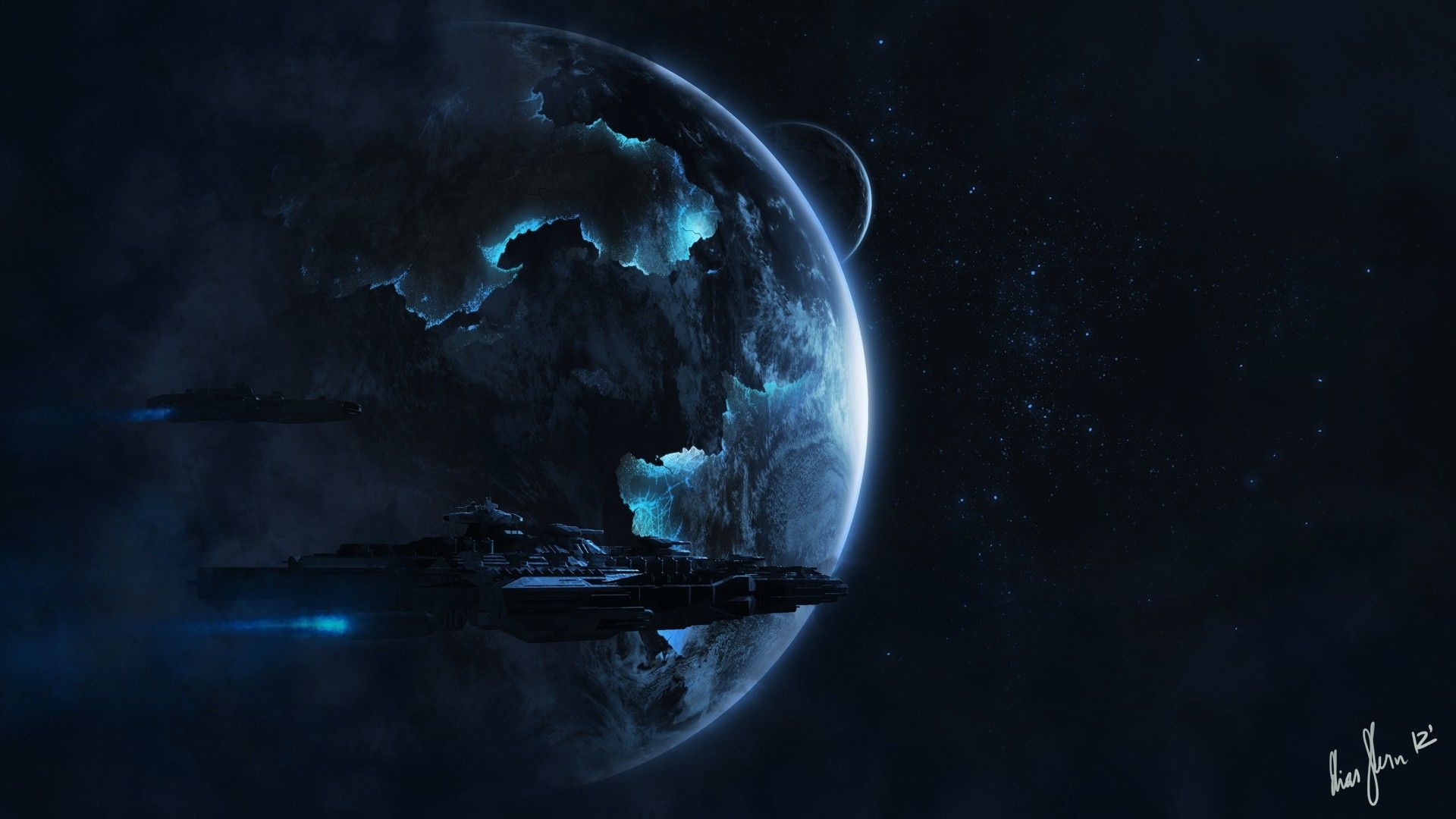 Astronave nera vicino pianeta, 1920x1080 Full HD, Desktop