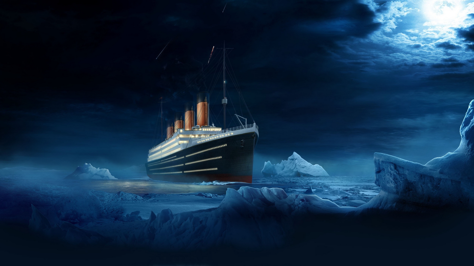 Nave Titanic tra iceberg notte, 1920x1080 Full HD, Laptop