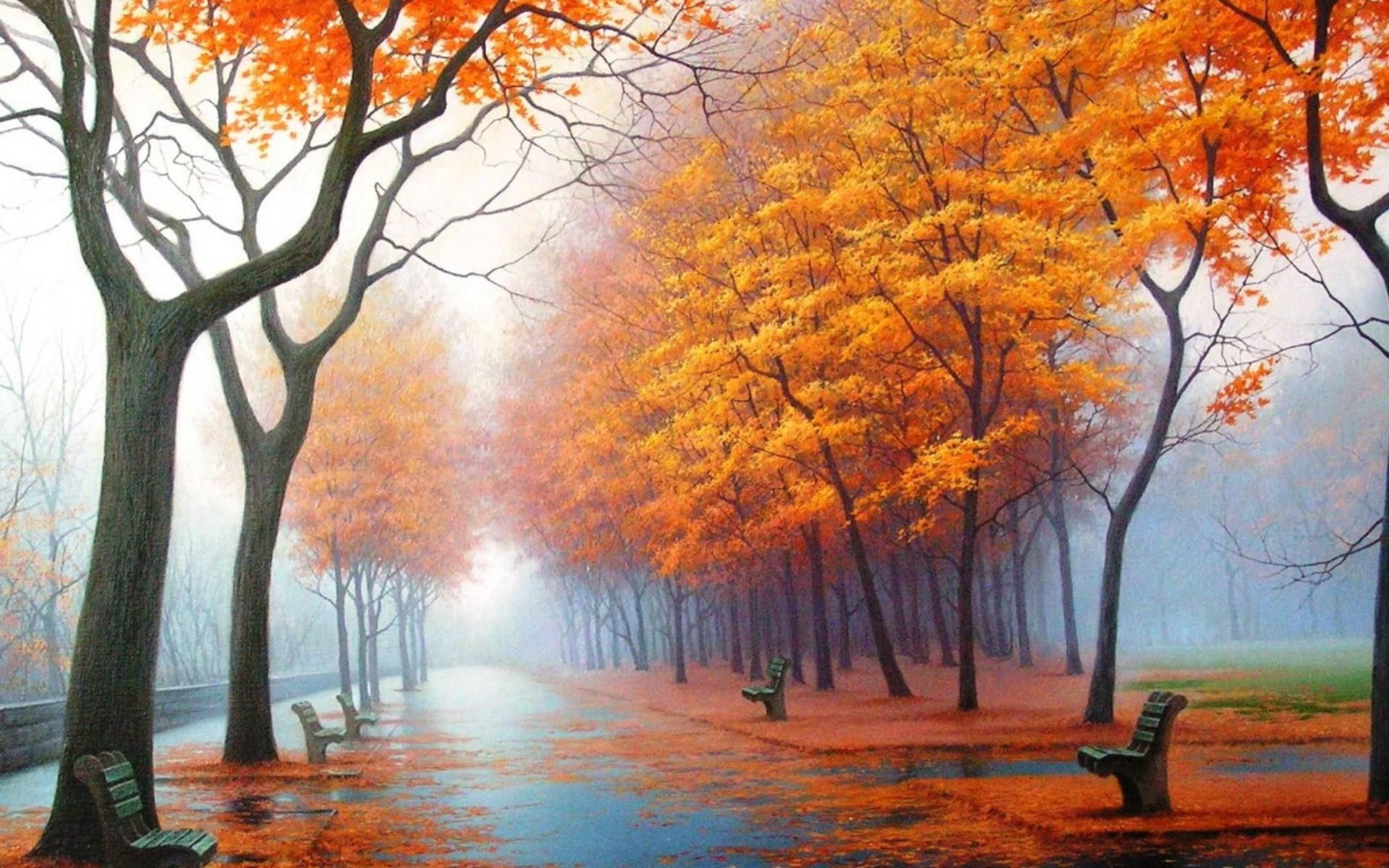 Parco autunnale con panchine e nebbia, 1920x1200 Full HD+, Desktop
