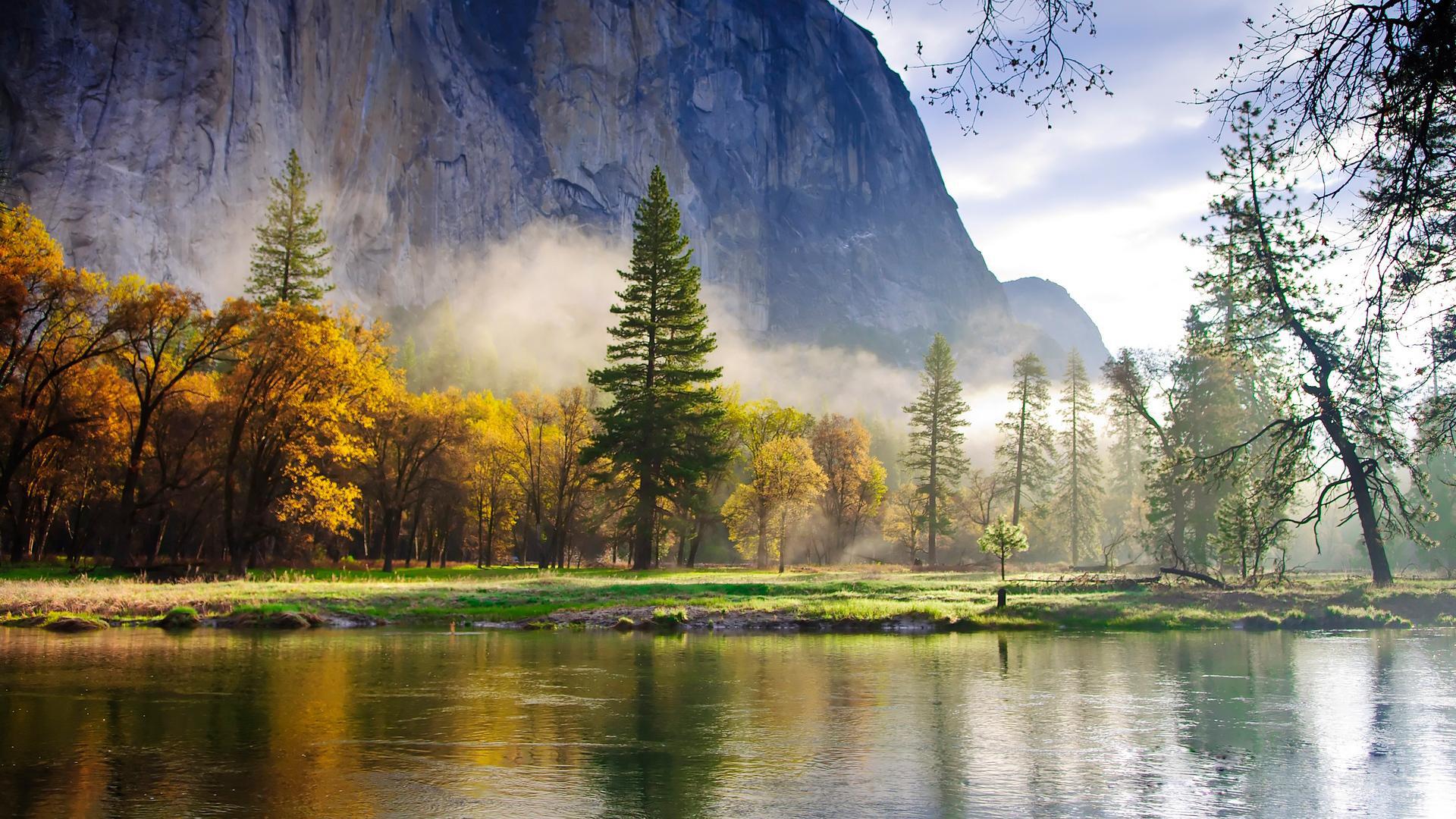 Foresta autunnale con nebbia e lago, 1920x1080 Full HD 1080p, PC Desktop