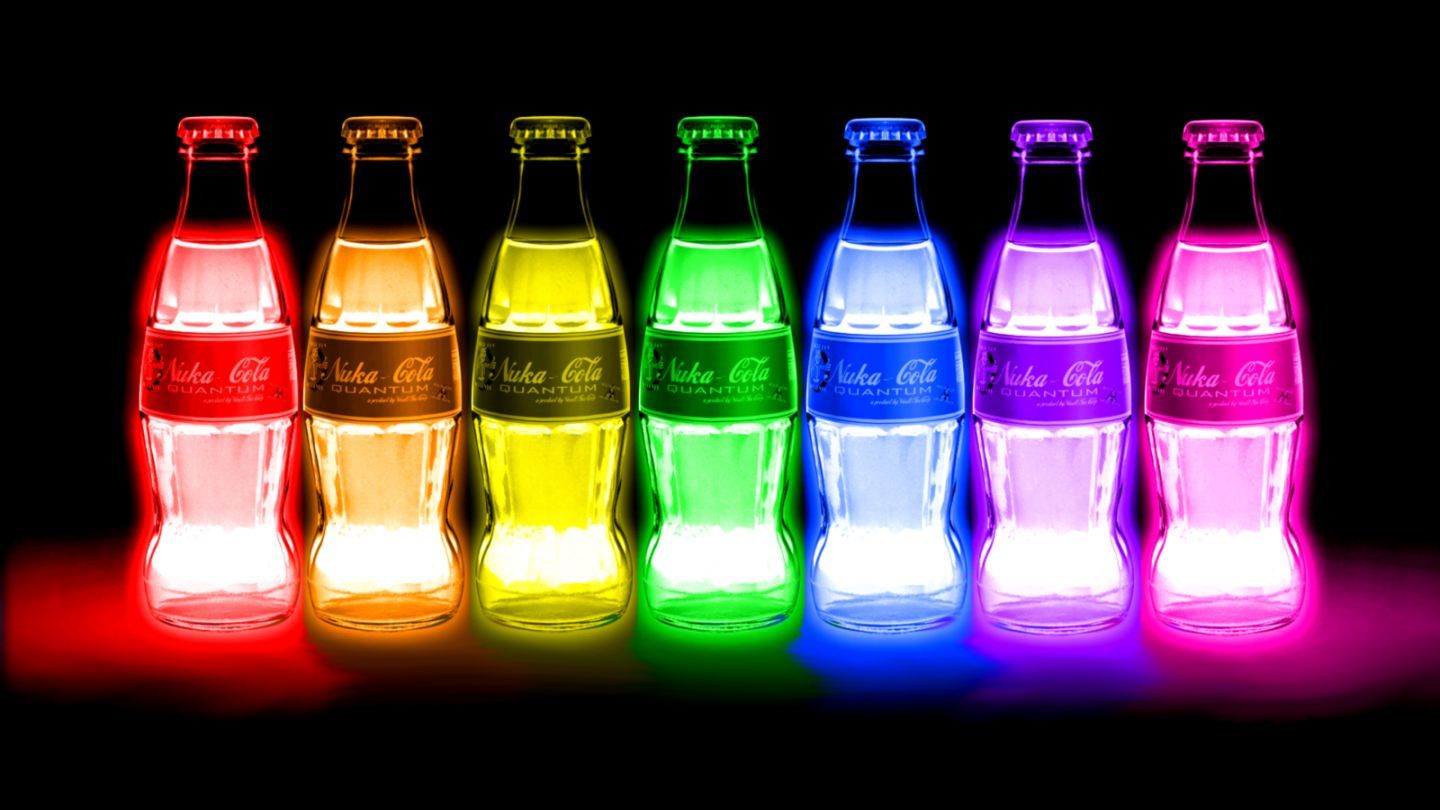 Bottiglie Coca-Cola arcobaleno neon, bevanda gassata, 1440x810 HD, Desktop