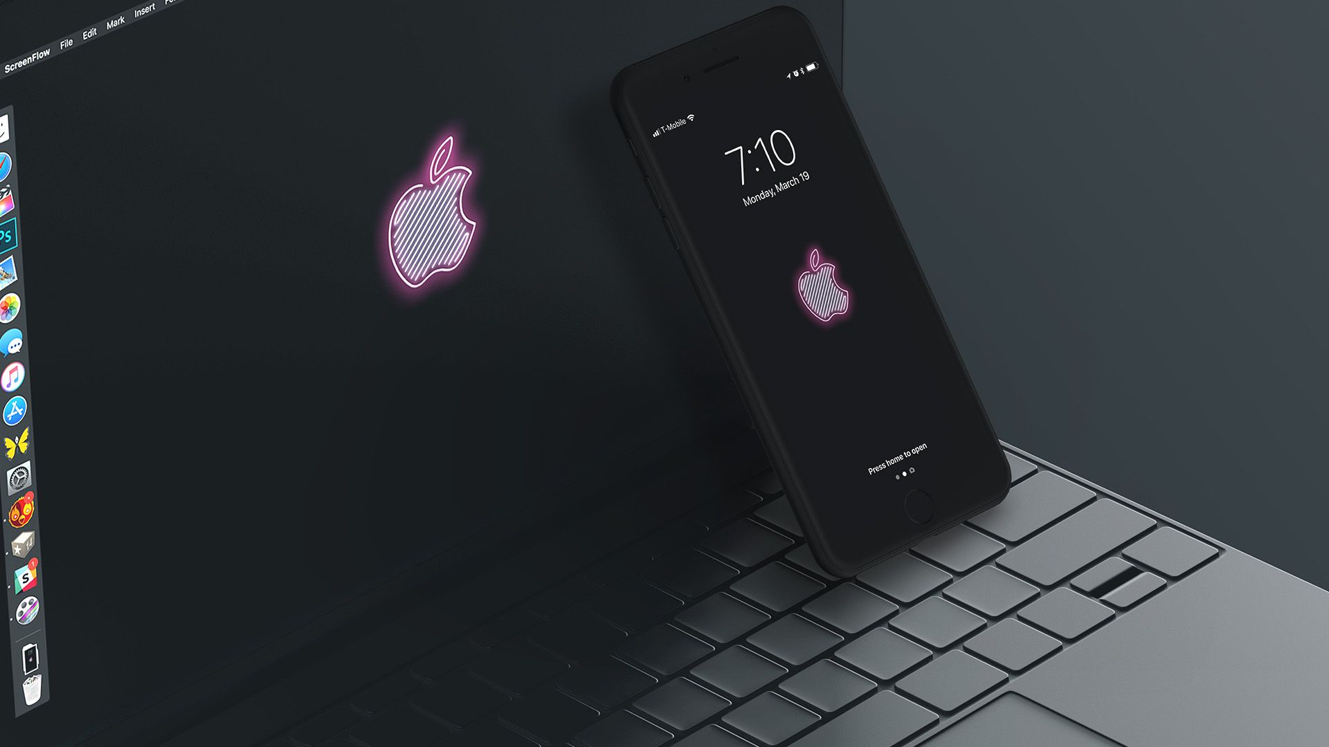 Logo Apple neon rosa laptop, 1920x1080 Full HD, PC Desktop
