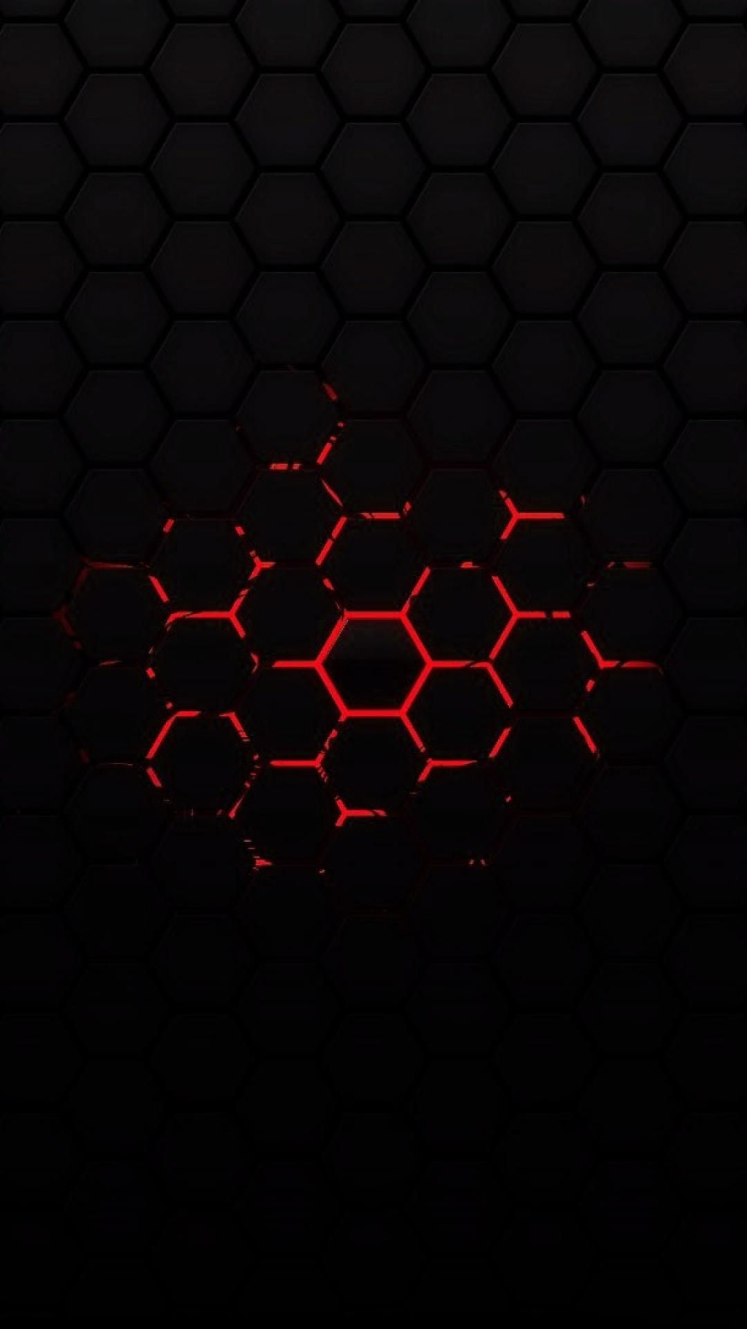 Esagoni rossi luminosi neri, 1080x1920 Verticale, Telefono