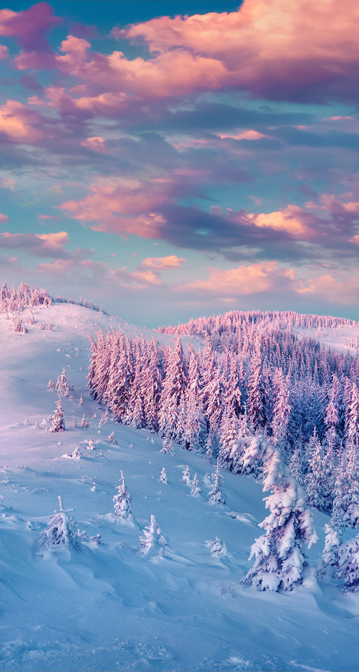 Paesaggio innevato con alba rosa, 700x1310 Verticale, Telefono
