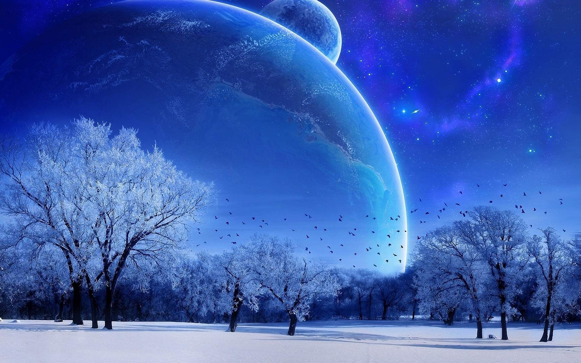 Pianeti su paesaggio innevato notturno, 1920x1200 Full HD+ WUXGA, Desktop