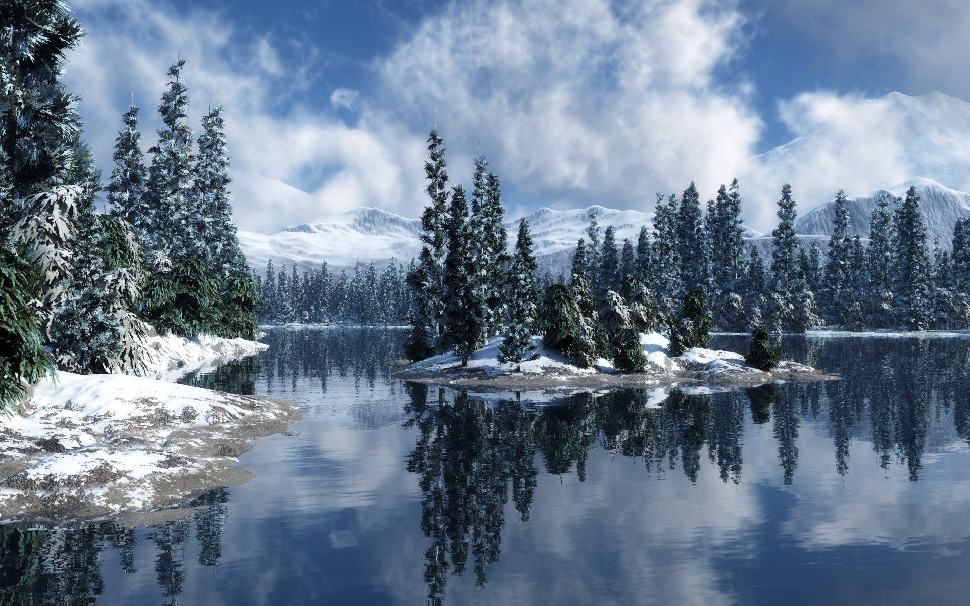 Foresta innevata con lago, 1920x1200 WUXGA, Desktop