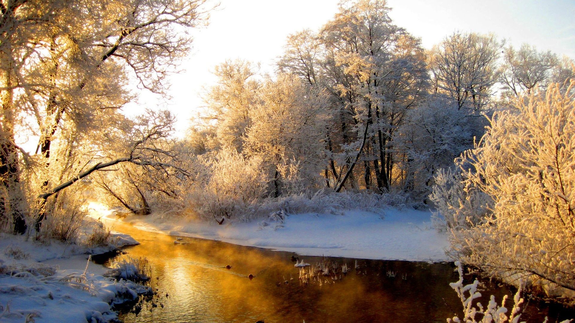 Fiume innevato al tramonto, 1920x1080 Full HD, Desktop