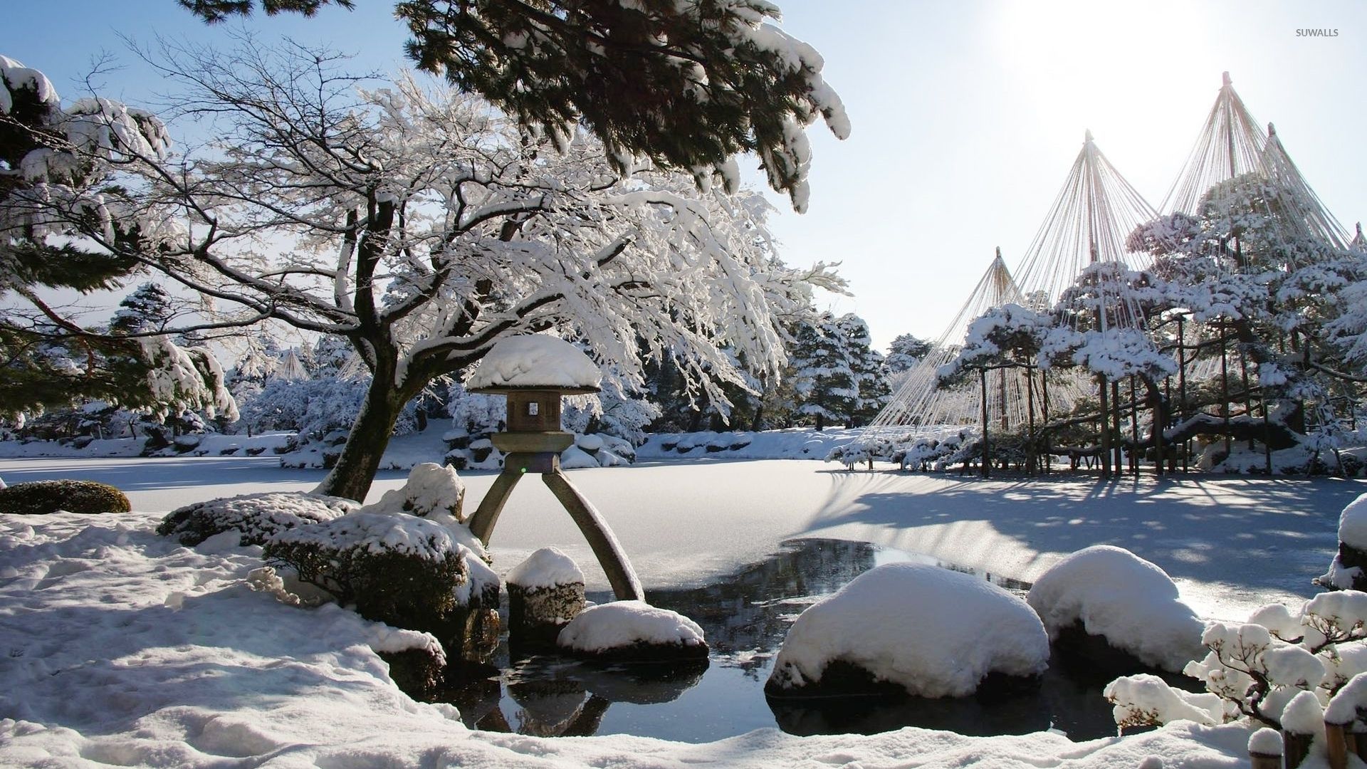 Giardino giapponese innevato con laterna, 1920x1080 Full HD 1080p, PC