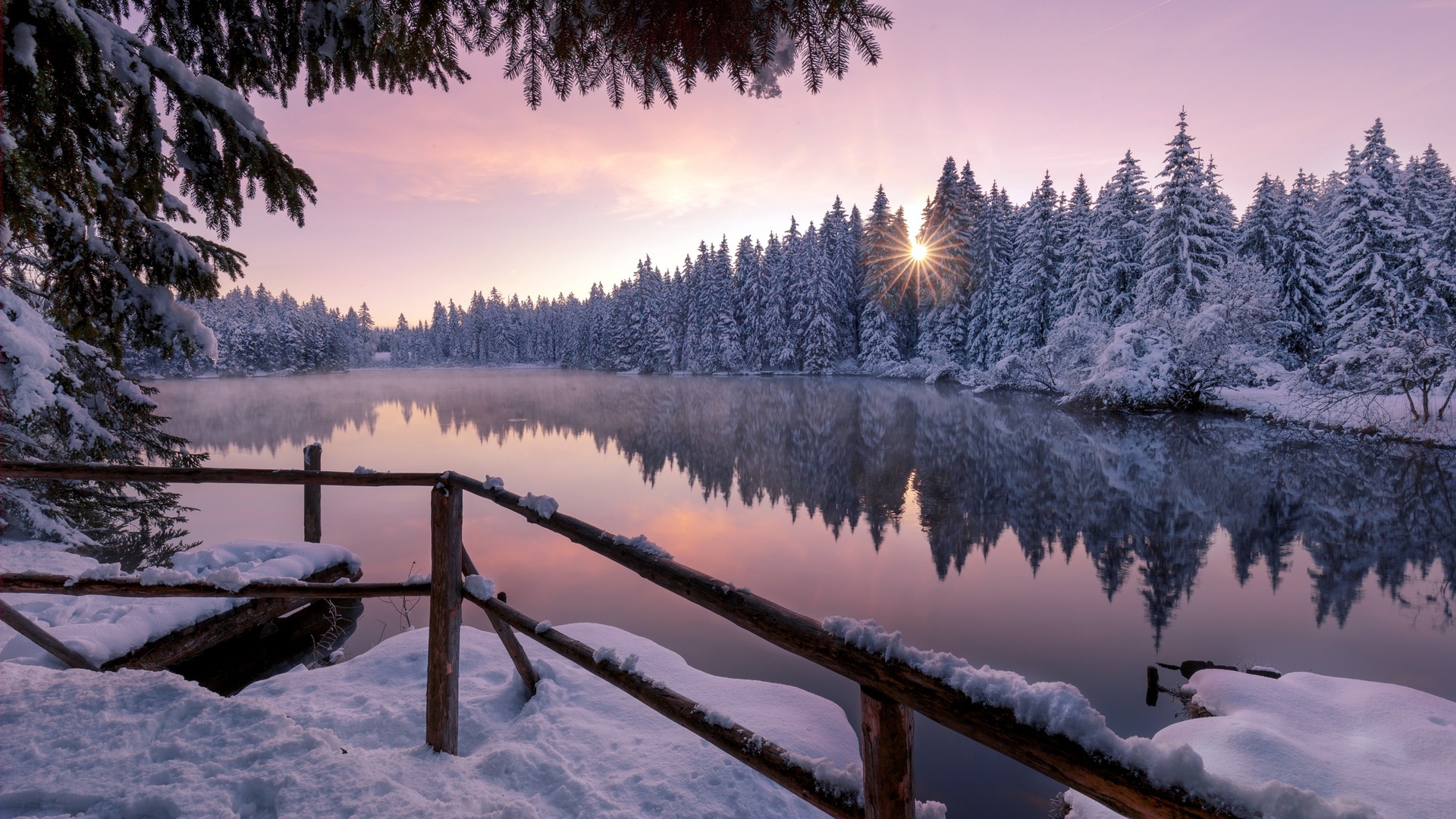 Lago innevato con alberi al tramonto, 1920x1080 Full HD, Desktop
