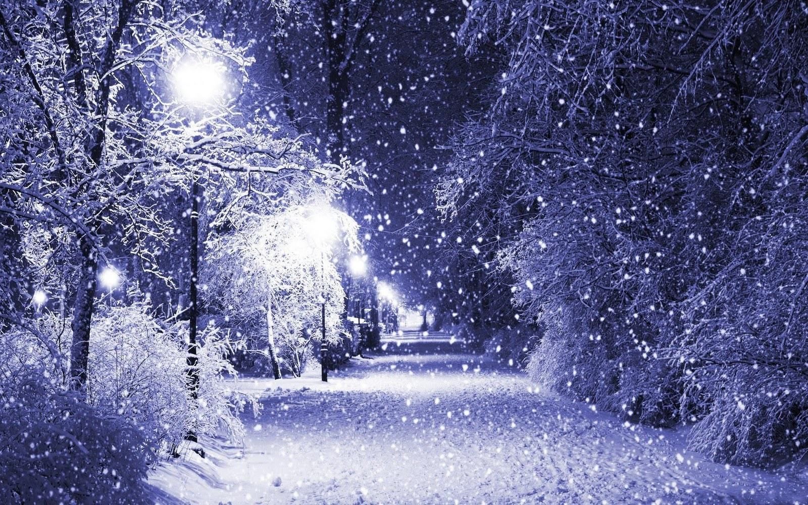 Vialetto notturno innevato con lampioni, 1600x1000 900p, Desktop