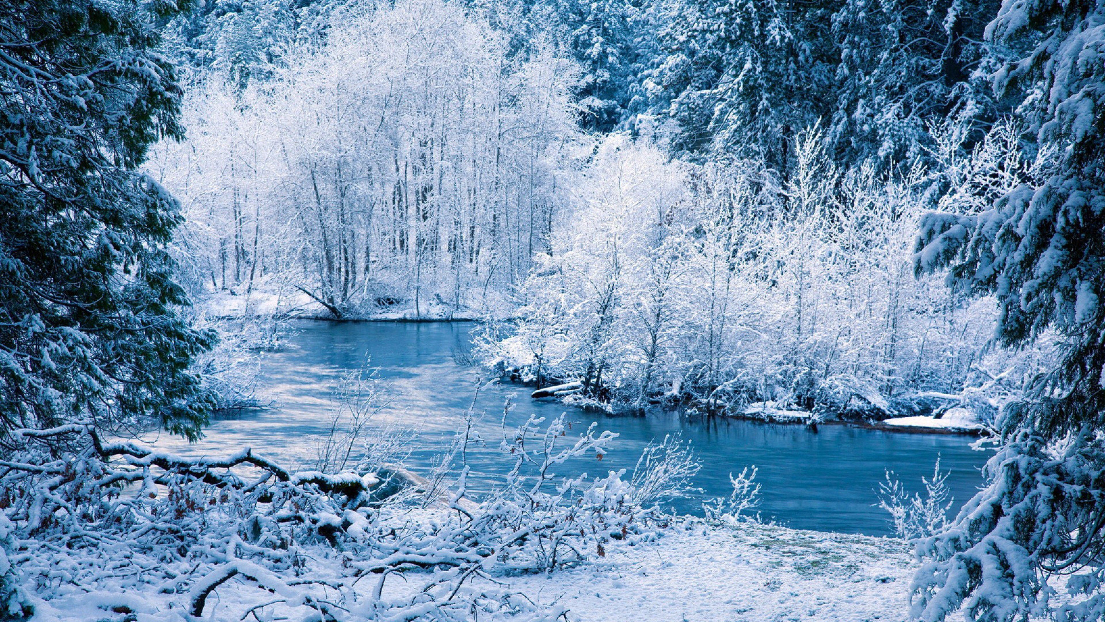 Foresta innevata con fiume, 3840x2160 Ultra HD, 4K TV