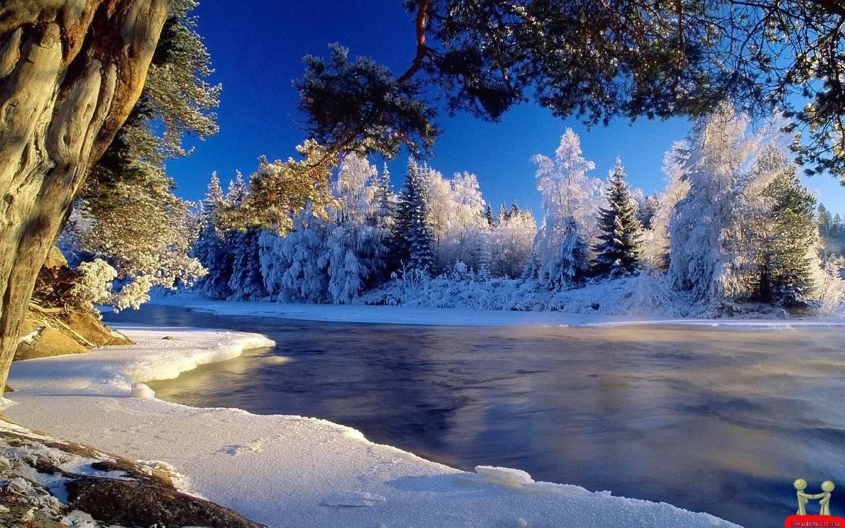 Fiume ghiacciato paesaggio innevato, 1680x1050 HD, PC