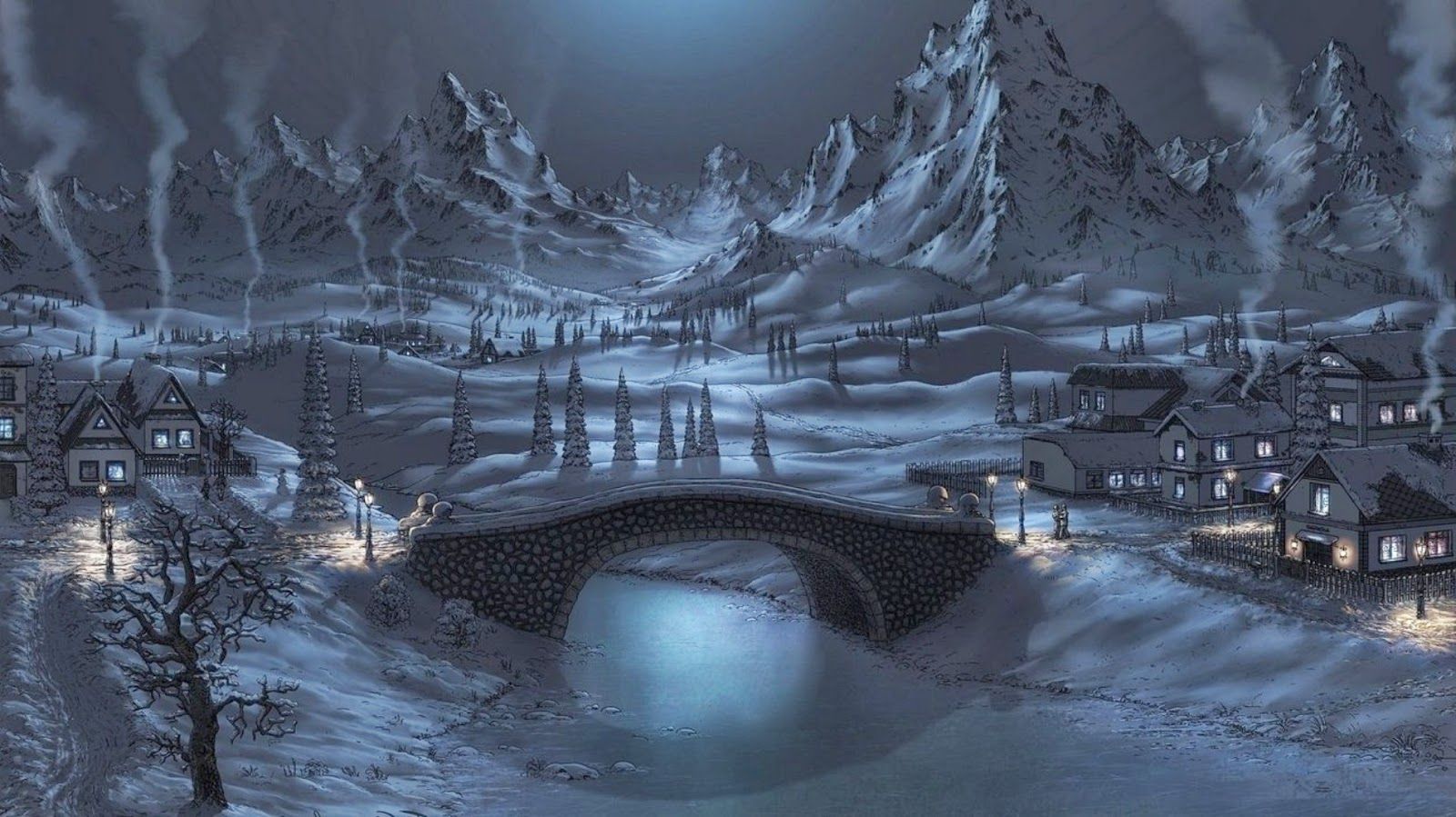 Villaggio innevato notte montagna, 1600x899 HD, Laptop