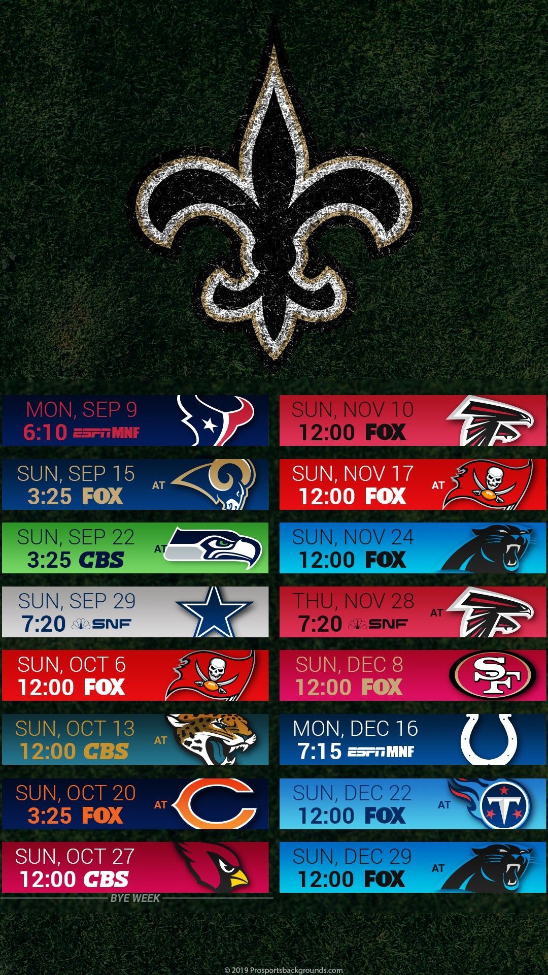 New Orleans Saints calendario NFL, 1080x1920 Verticale, iPhone Pro Max
