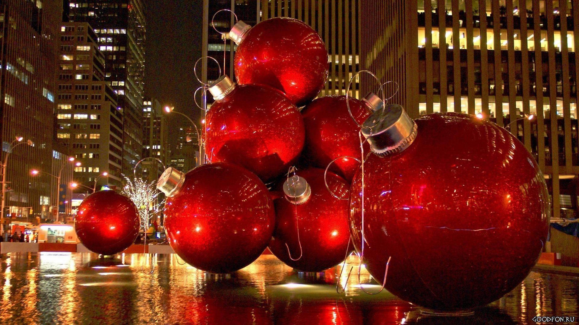 Palle di Natale rosse giganti, New York, 1920x1080 Full HD, PC