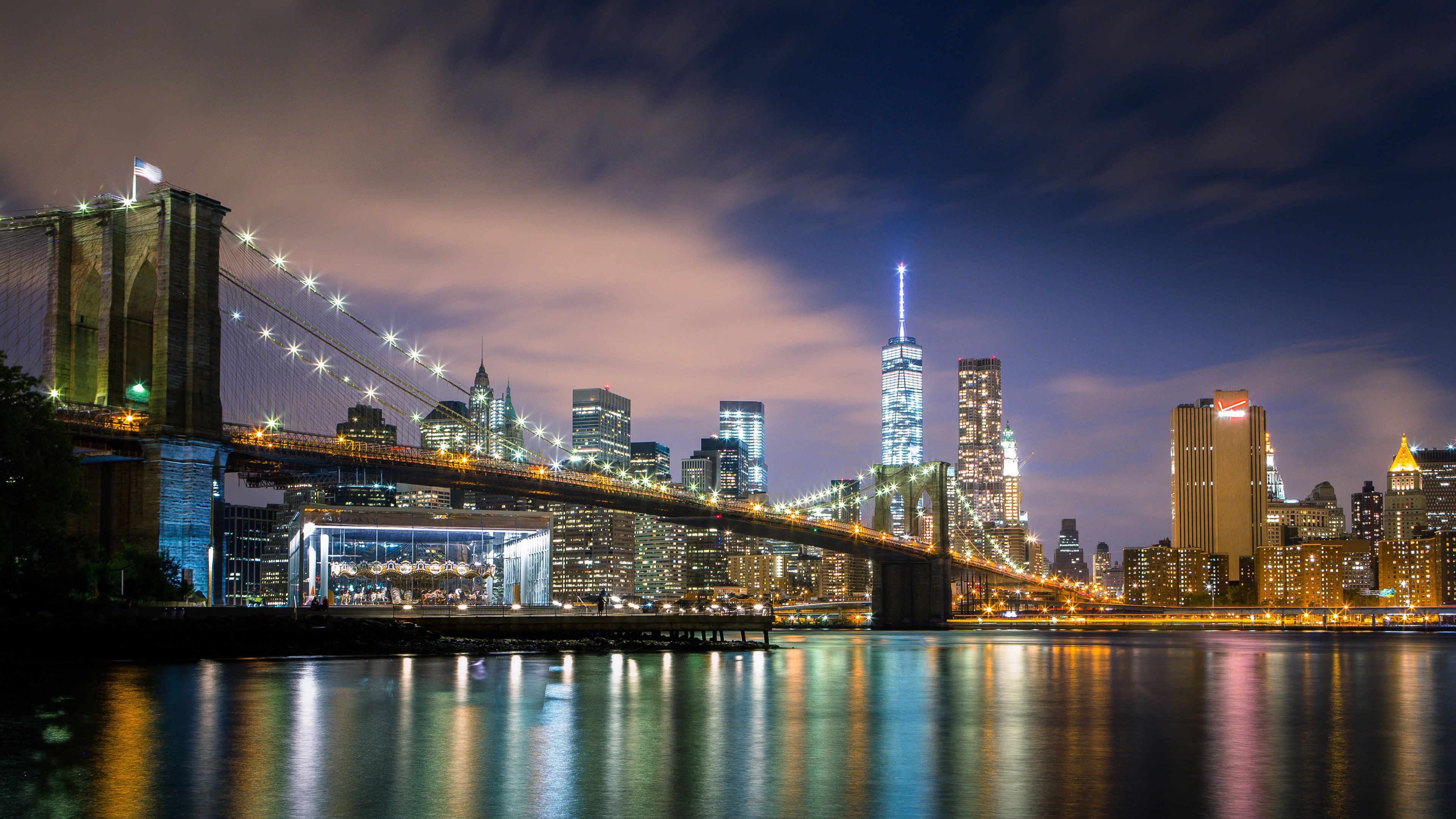 Ponte di Brooklyn, skyline notturno, 3840x2160 4K, Monitor 4K