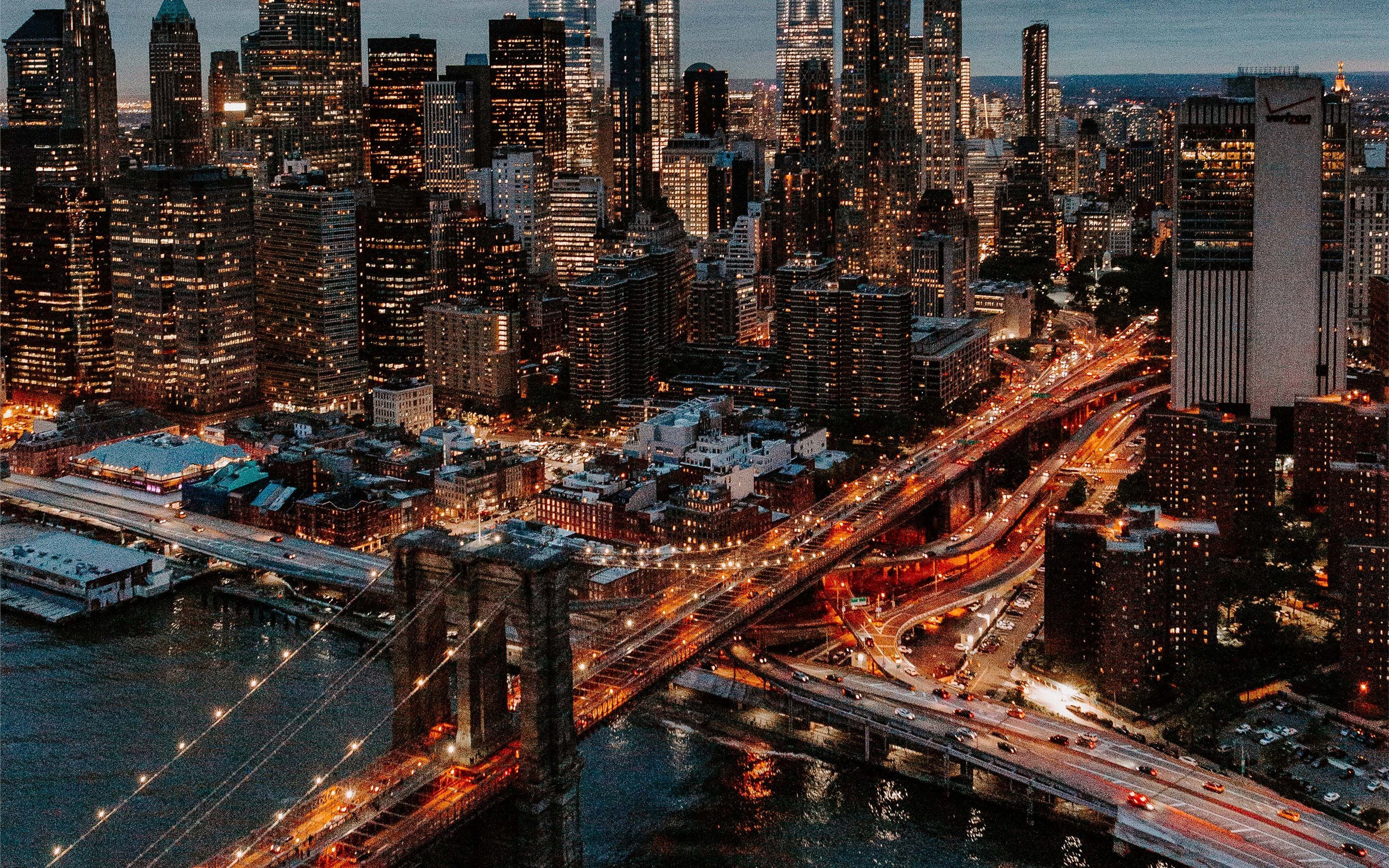 New York skyline notturno, Brooklyn Bridge, 2880x1800 2K, Desktop