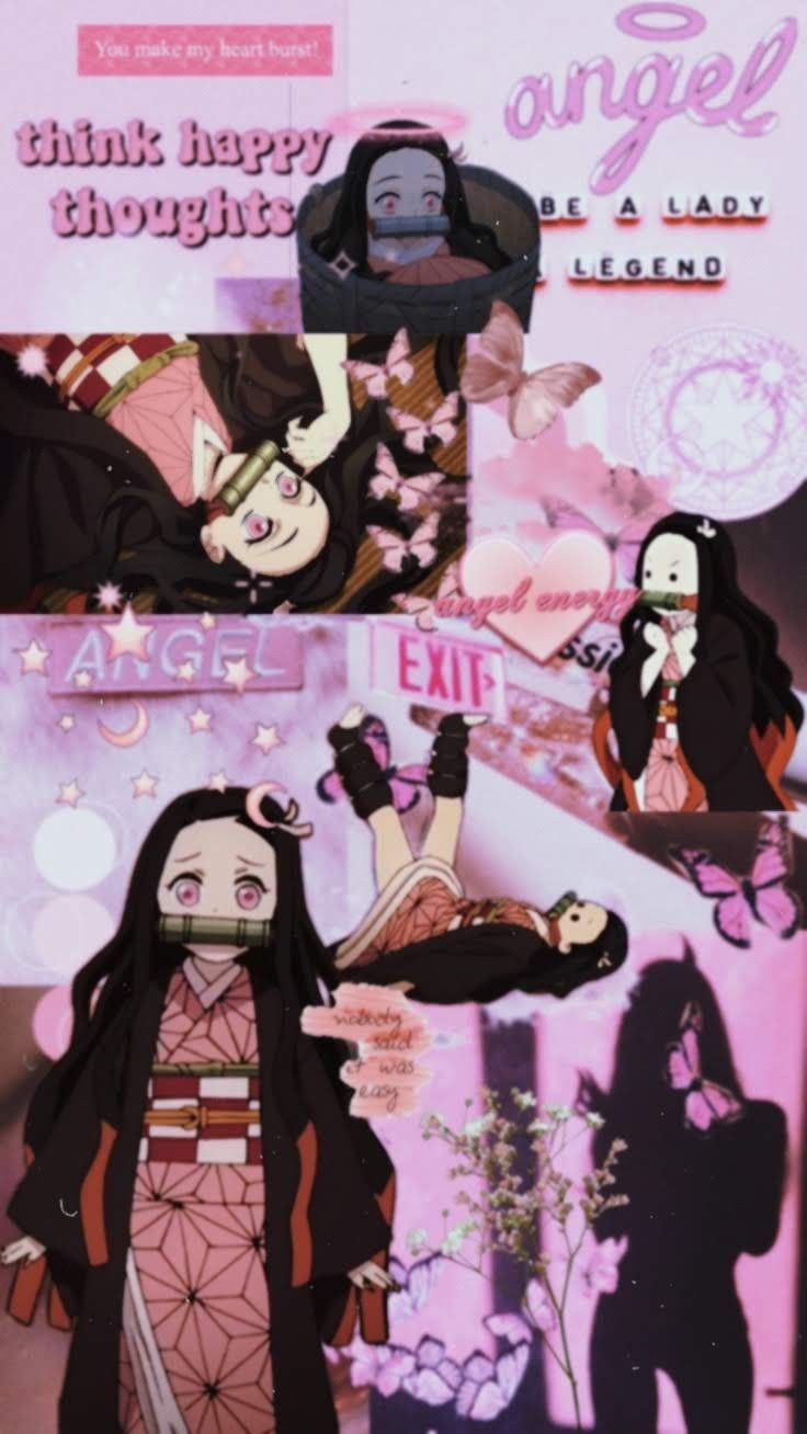 Nezuko Demon Slayer collage rosa, 736x1308 Full HD Verticale, Smartphone