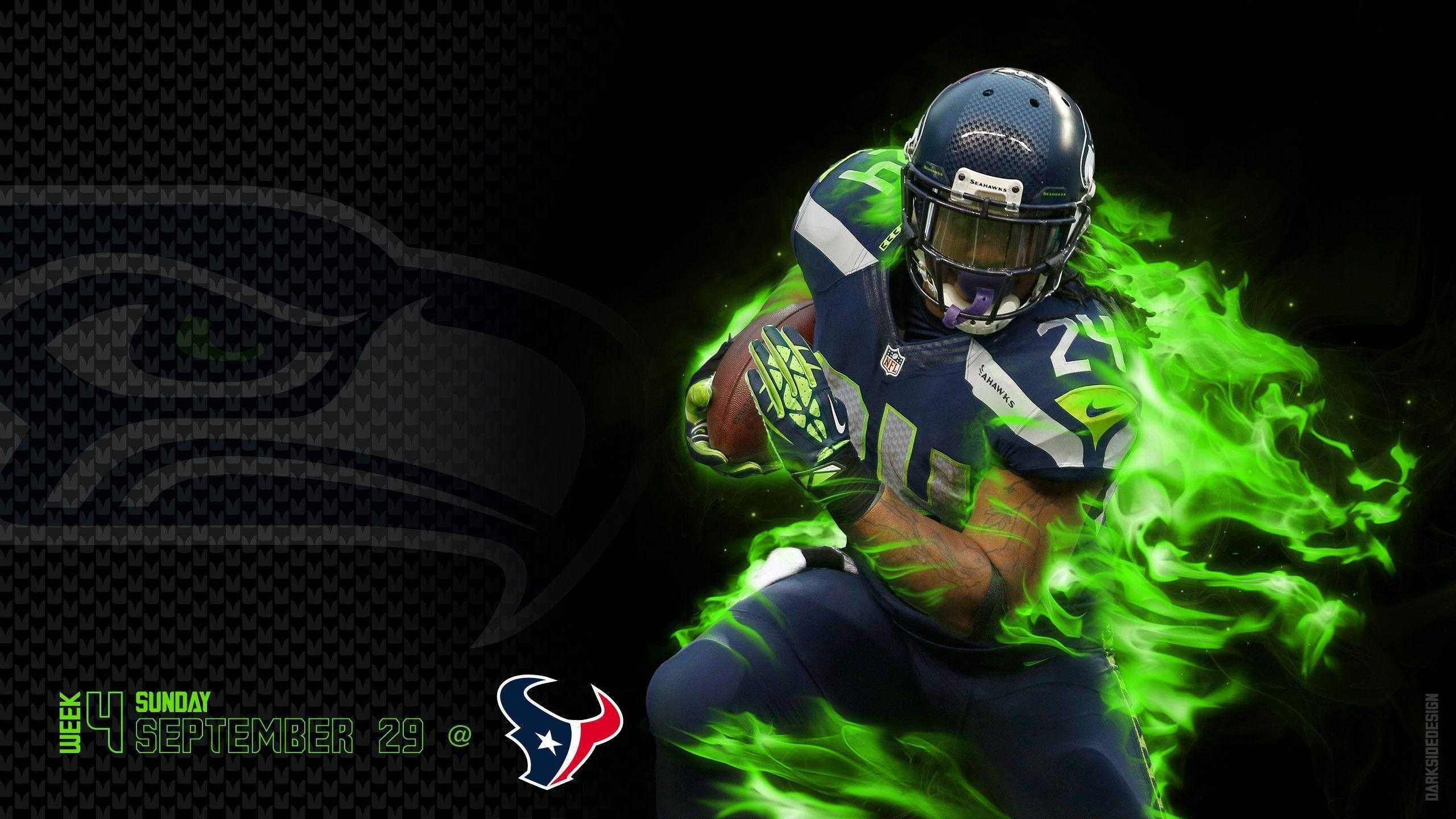 Giocatore football Seattle Seahawks fiamme verdi, 2560x1440 QHD, Laptop