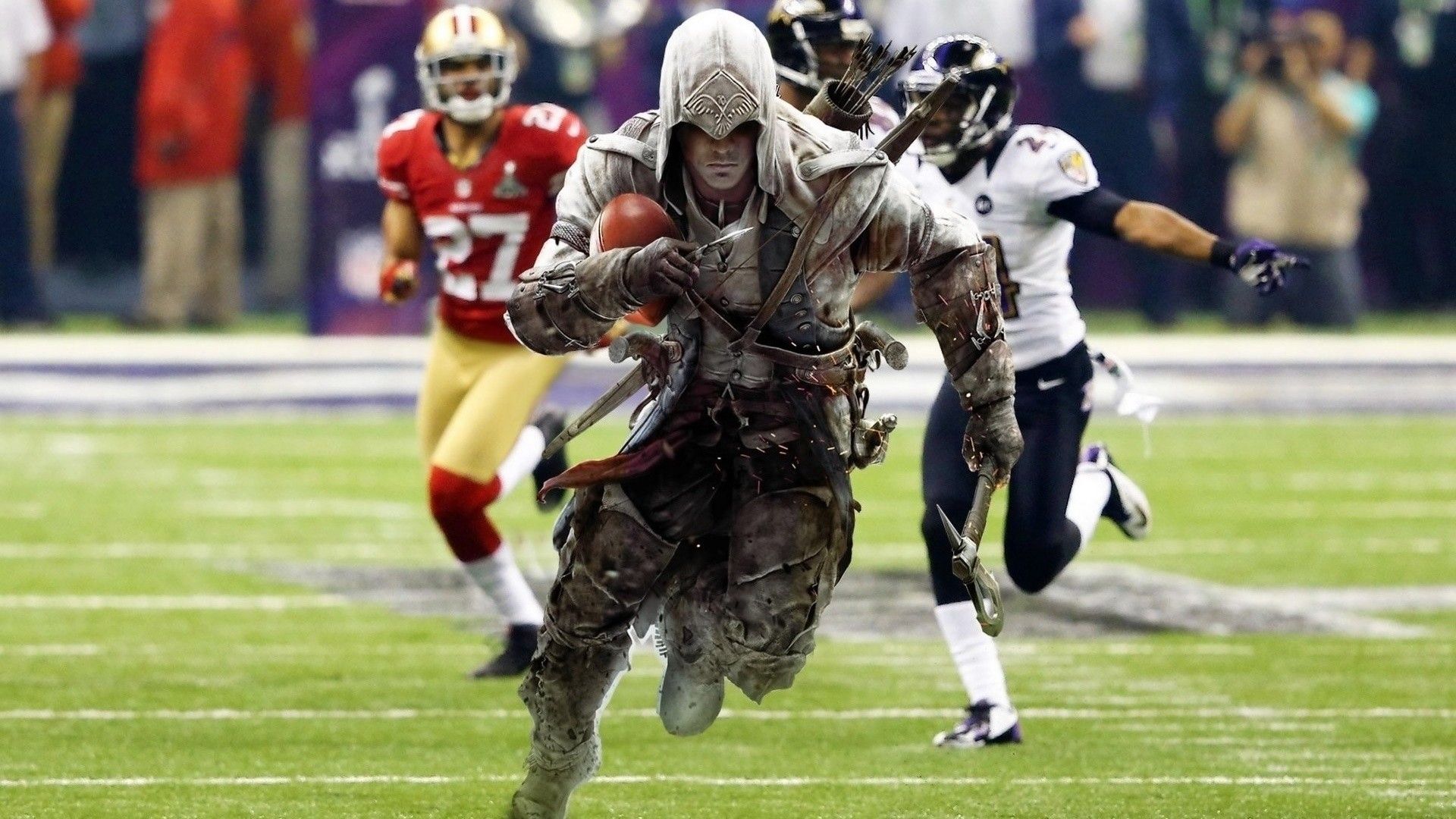 Assassin's Creed personaggio su campo football, azione-avventura, 1920x1080 Full HD 1080p, Desktop