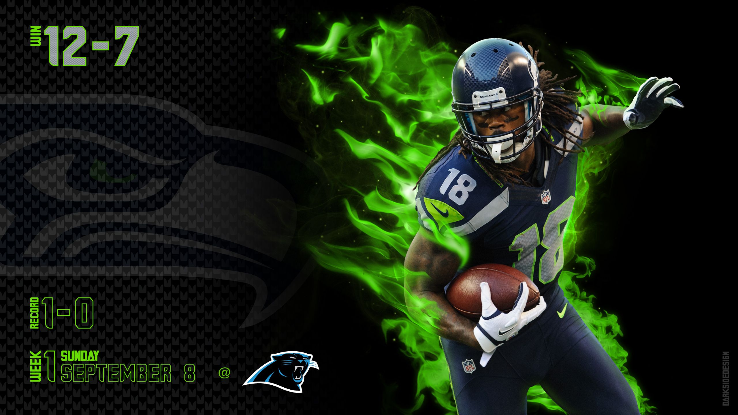 Giocatore football Seattle Seahawks fiamme verdi, 2560x1440 1440p, Desktop