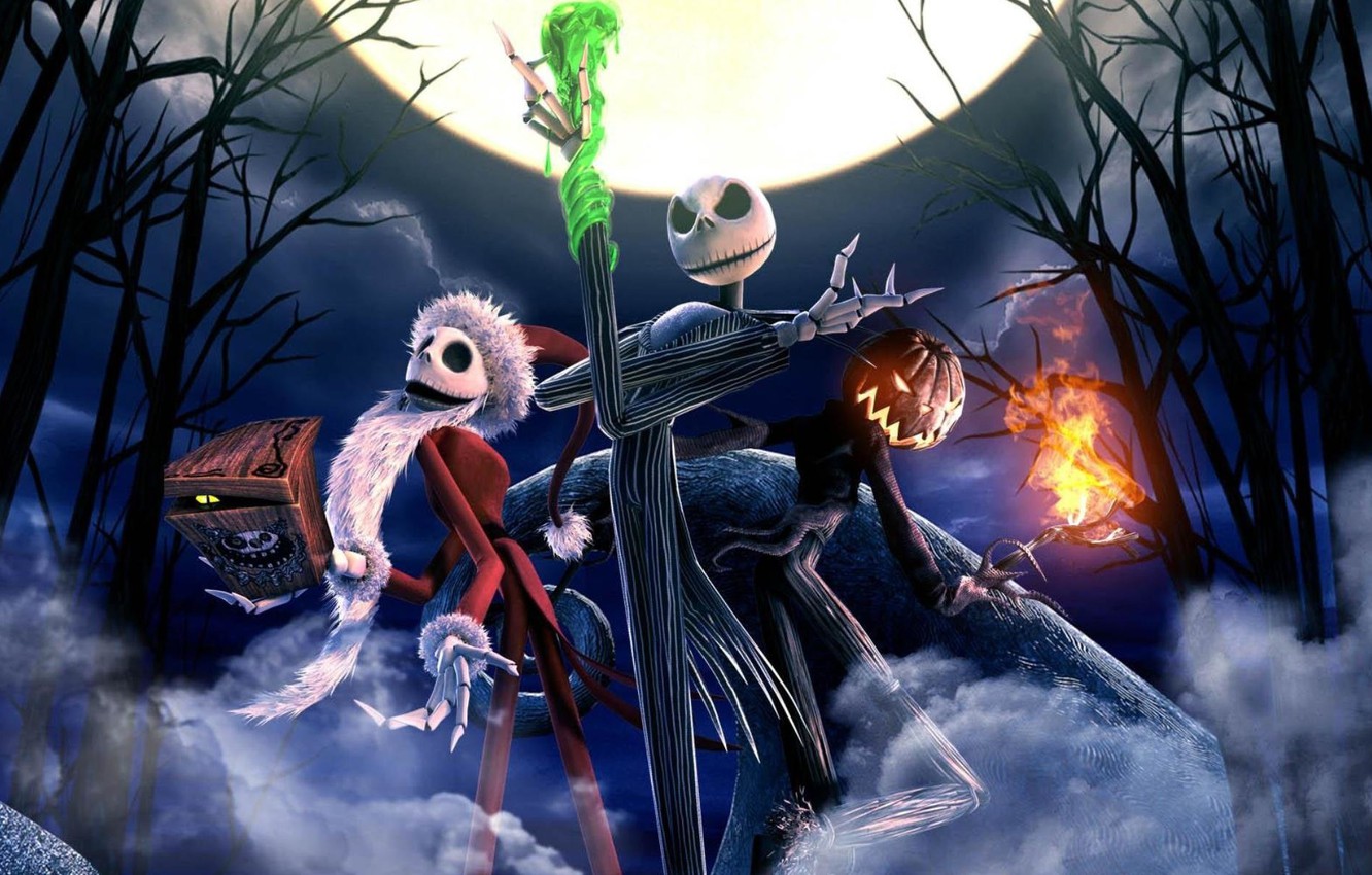 Jack Skellington con fantasma e zucca, 1332x850 HD, Desktop