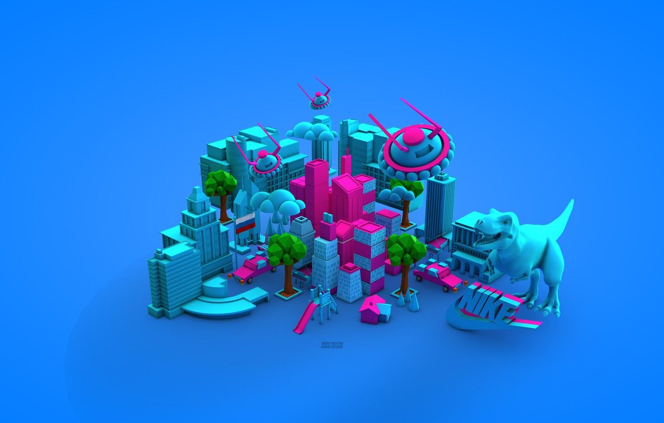 Città 3D astratta con dinosauro, 1332x850 720p, Laptop