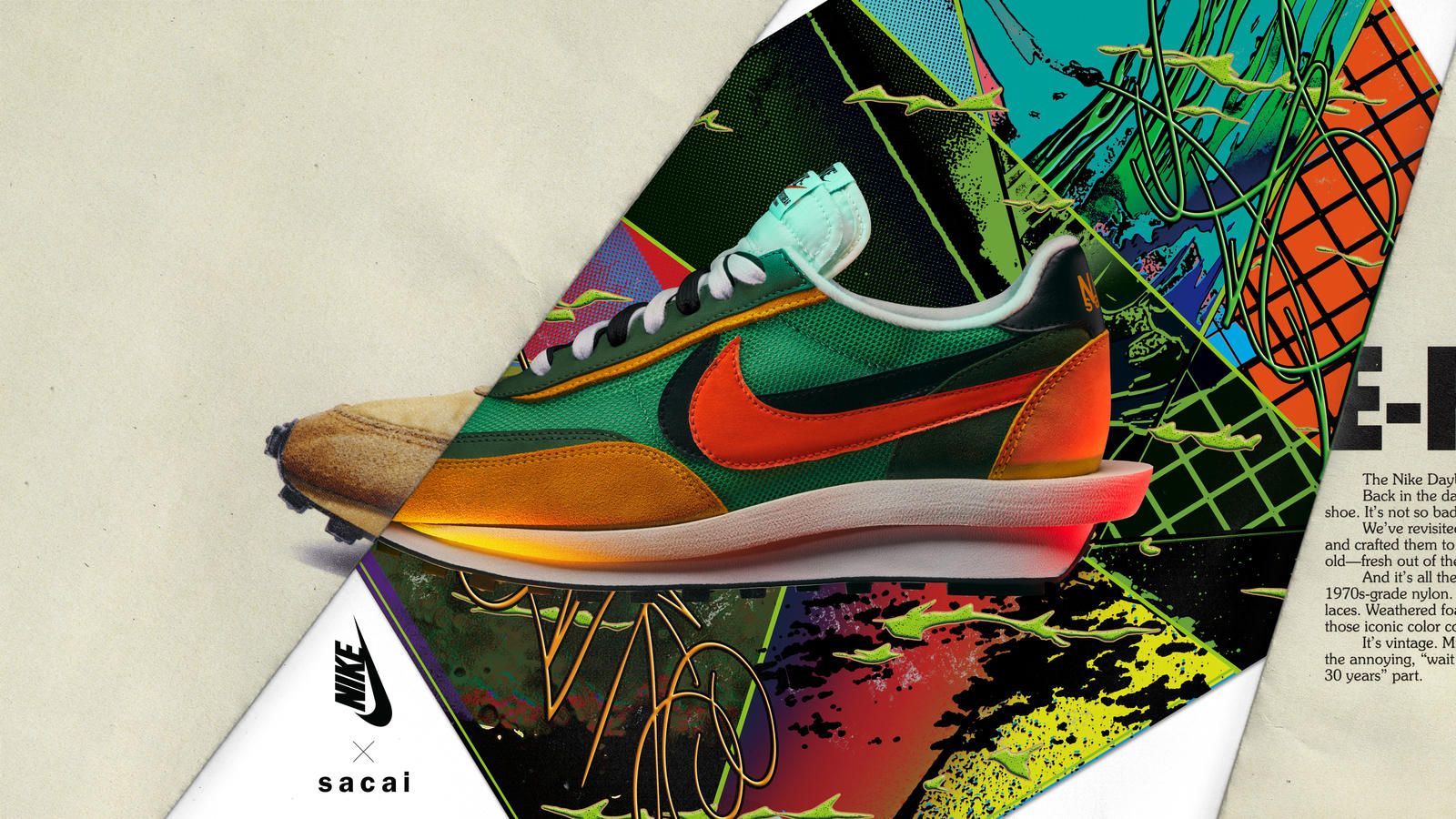 Nike x Sacai LDWaffle sneaker, 1600x900 HD Ready, PC Desktop