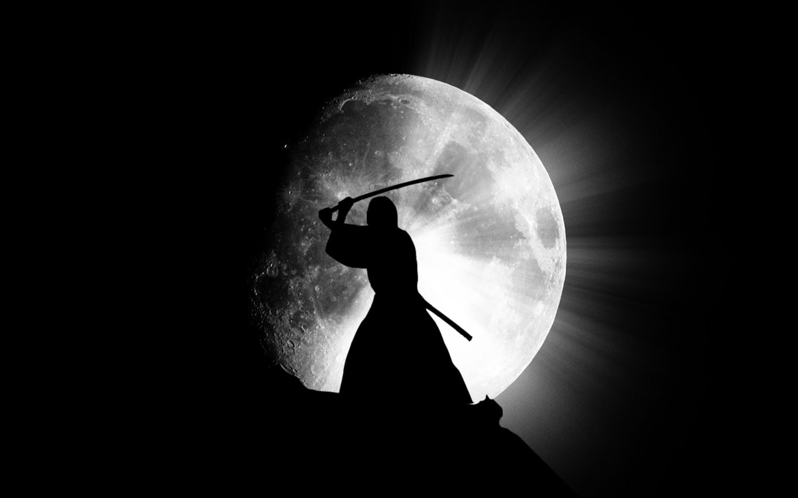 Ninja silhouette con katana, luna, 1600x1000 900p, PC