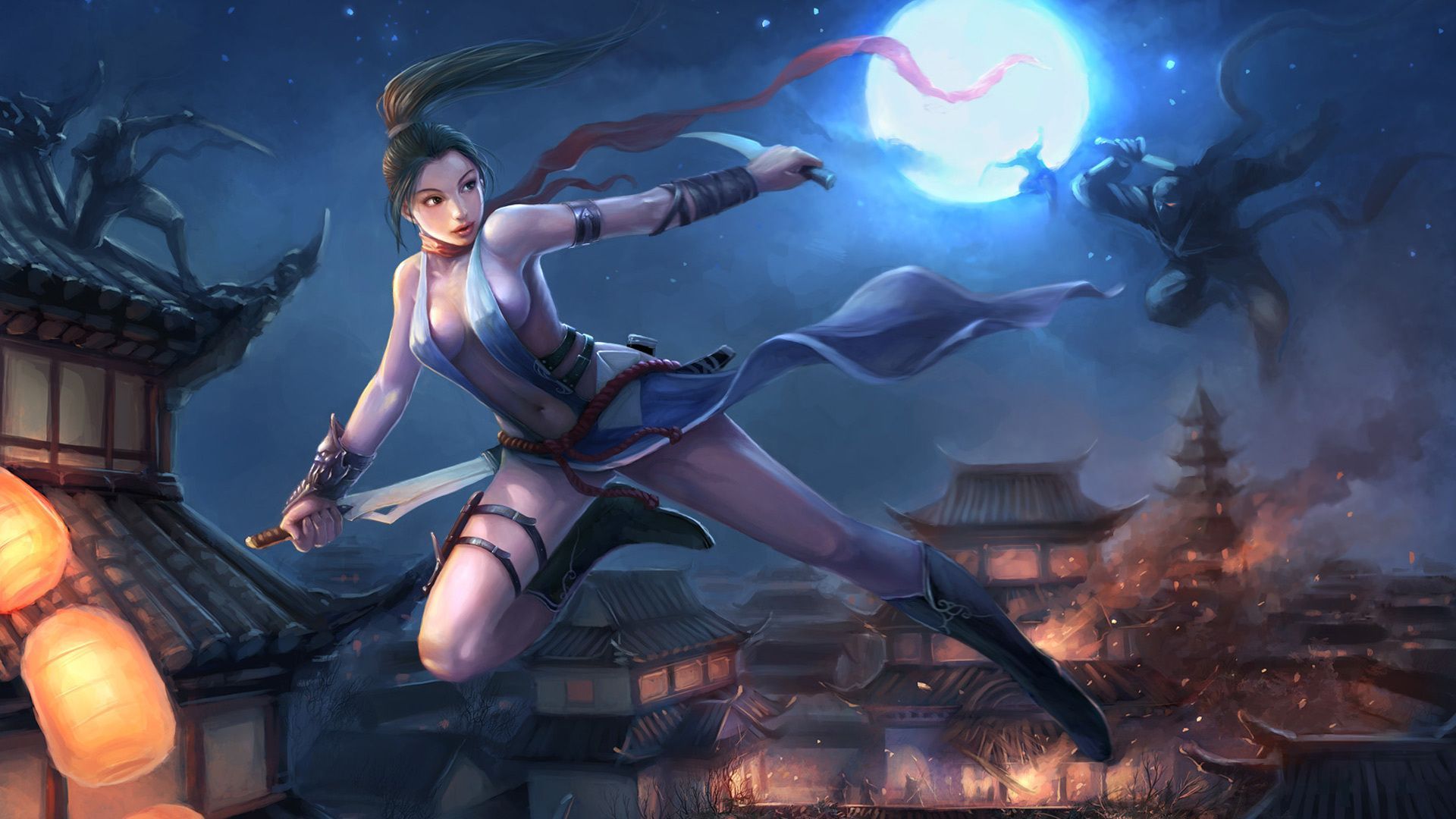 Ninja donna sui tetti notturni, 1920x1080 1080p, PC Desktop