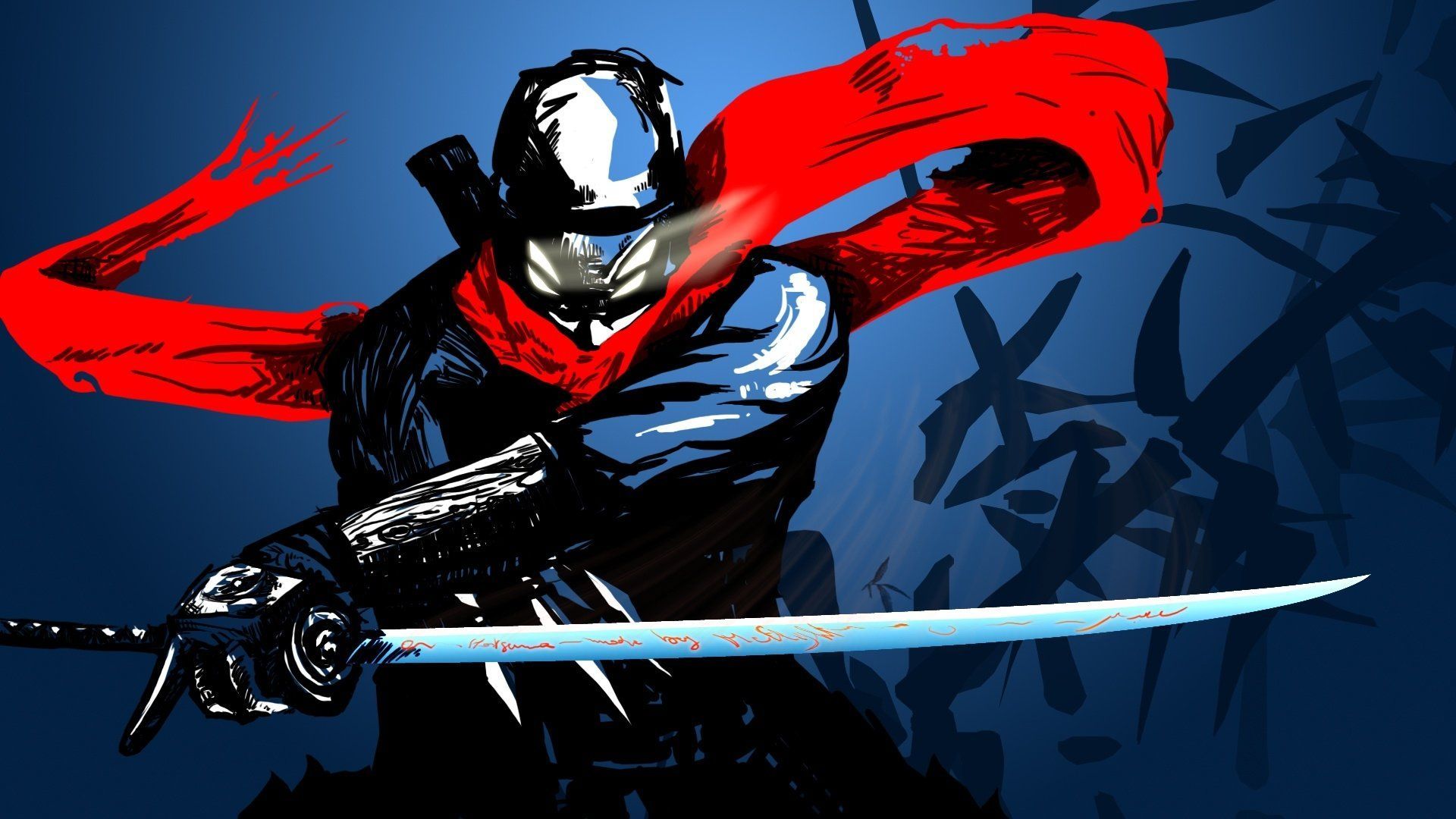 Ninja con katana e sciarpa rossa, 1920x1080 1080p, Laptop
