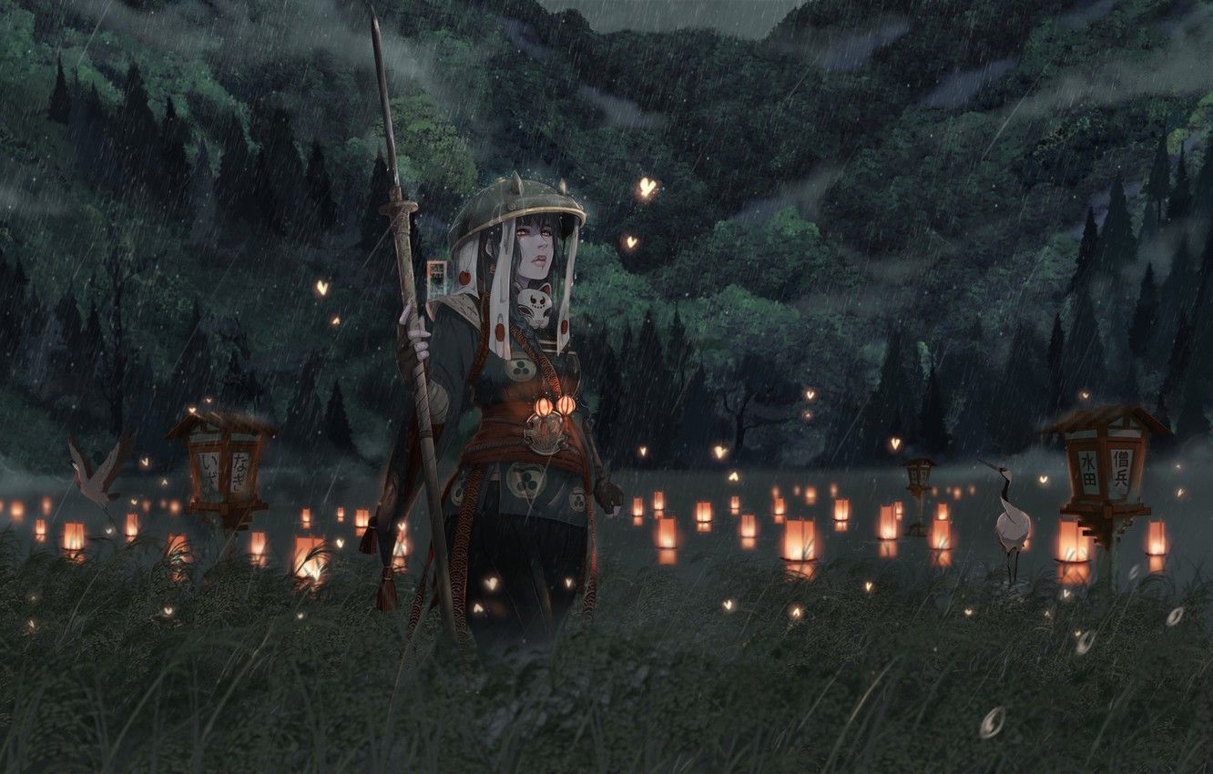 Ninja guerriero con lanterne notturne, 1332x850 HD, Desktop