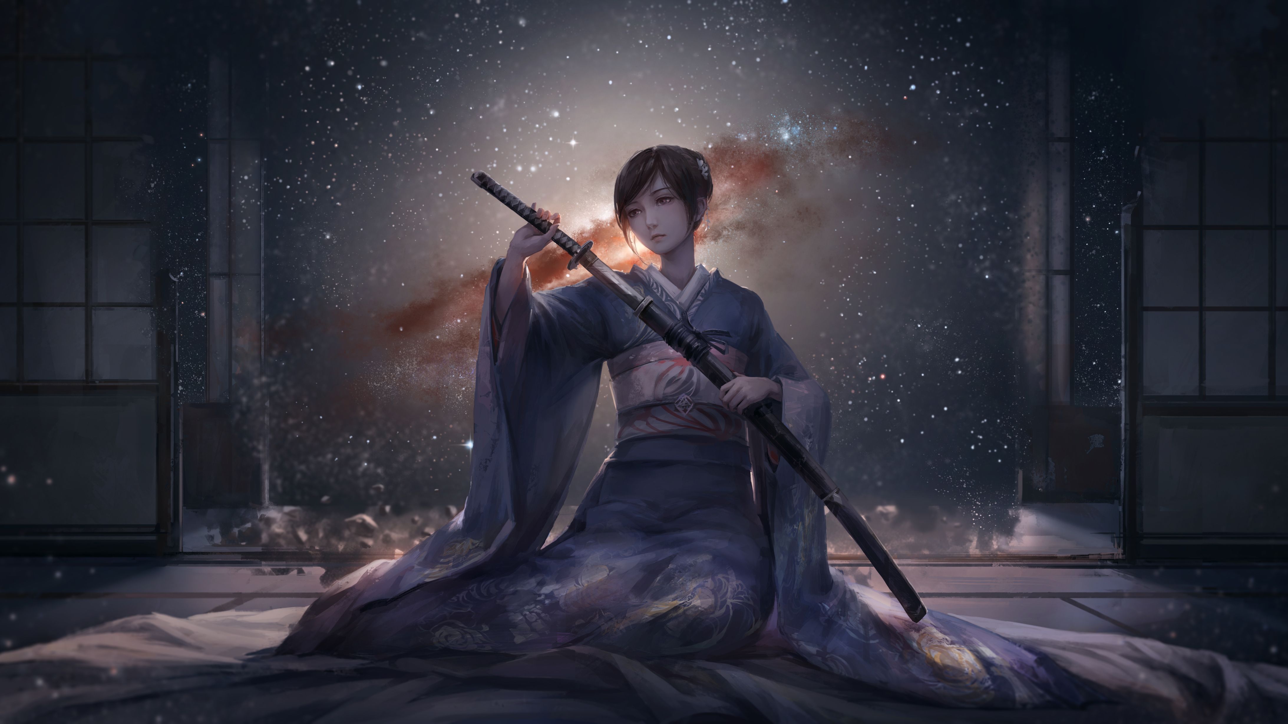 Ninja seduto con spada, notte, 4372x2459 4K Ultra HD, Monitor 4K