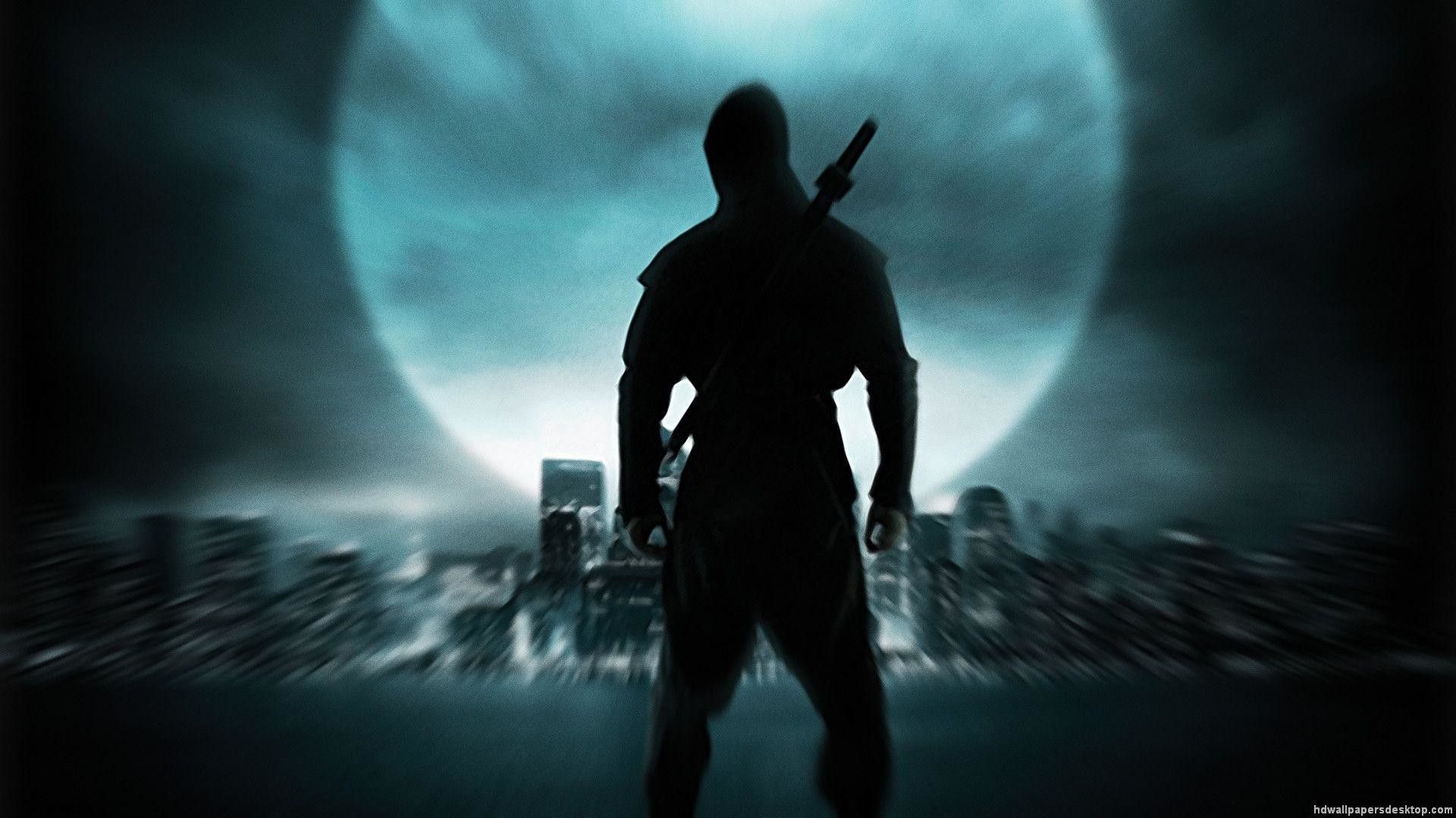 Silhouette ninja luna città, 1920x1080 1080p, Desktop