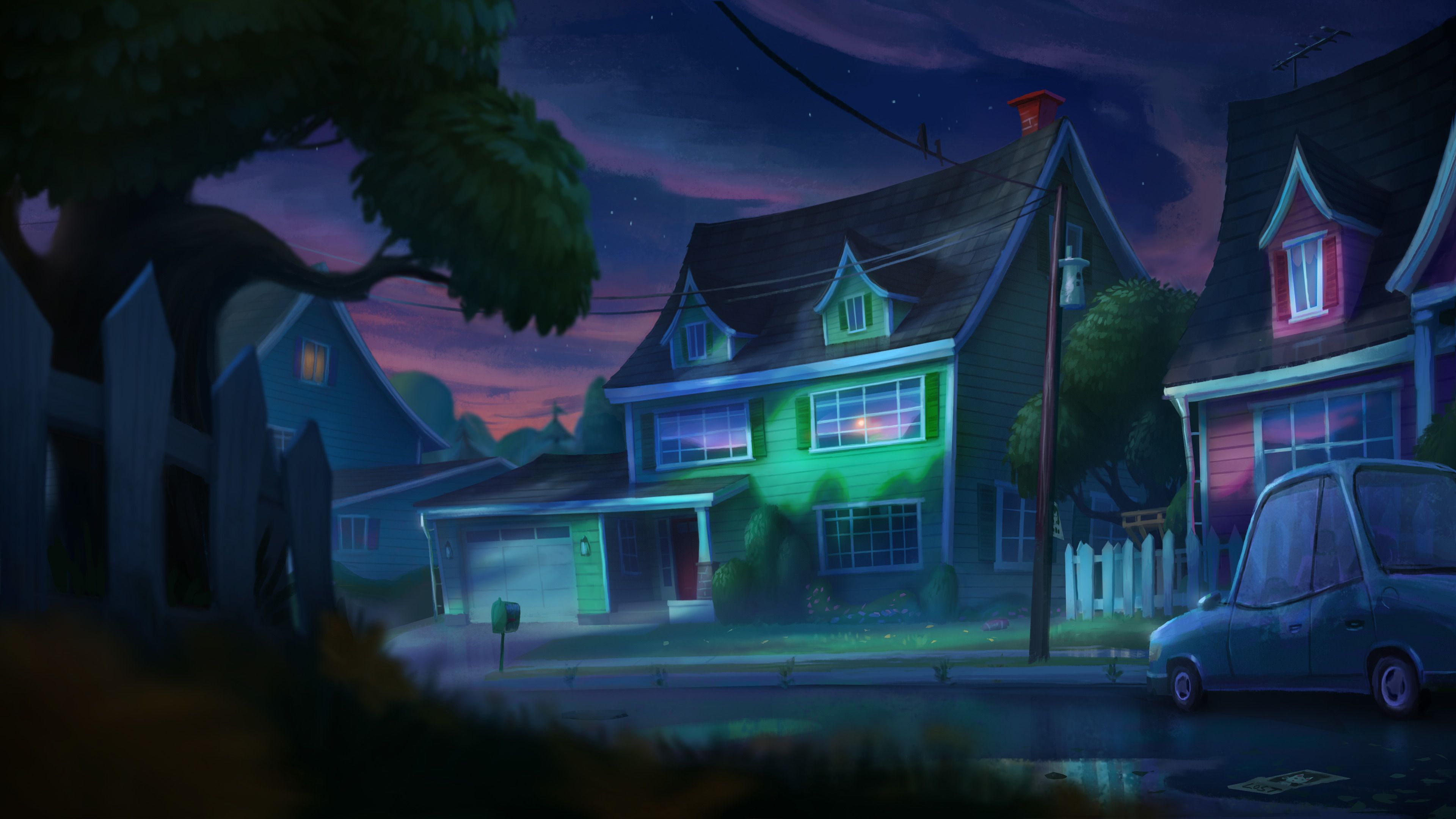 Quartiere notturno case illuminate, 3840x2160 4K, Monitor 4K