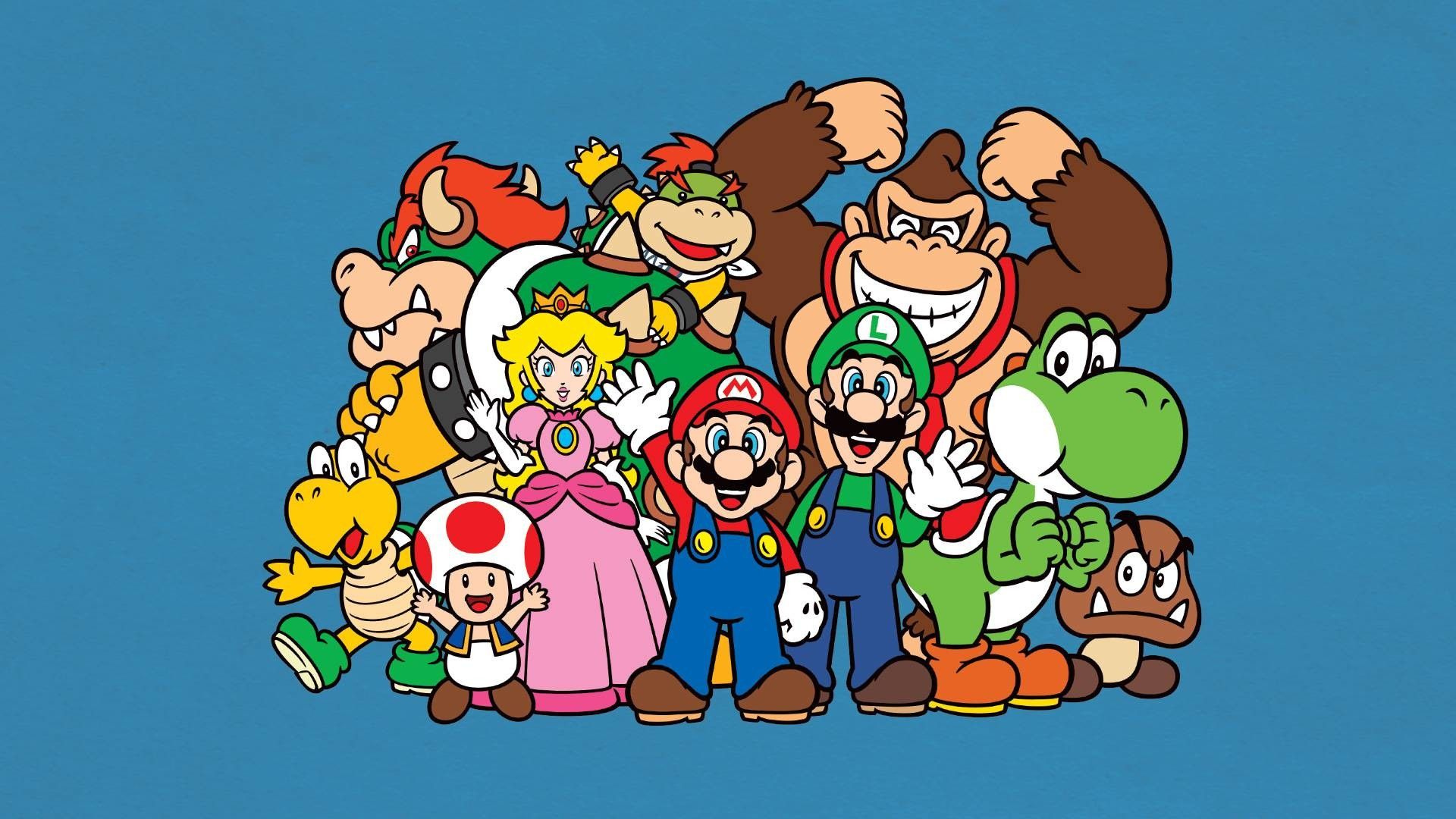 Personaggi Super Mario sfondo blu, platform, 1920x1080 Full HD, PC