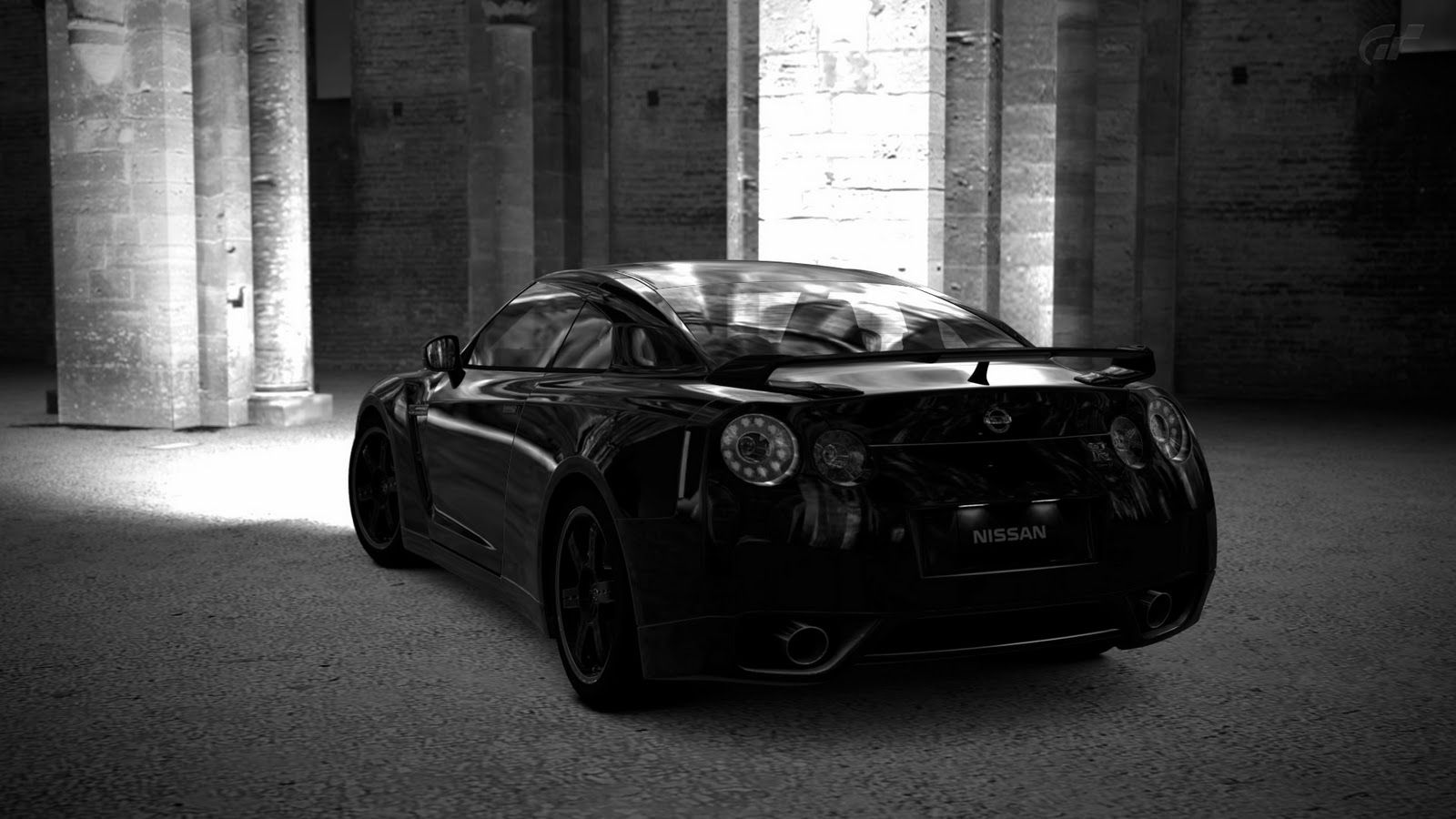 Nissan GTR nera tra colonne, 1600x900 HD Ready, PC Desktop