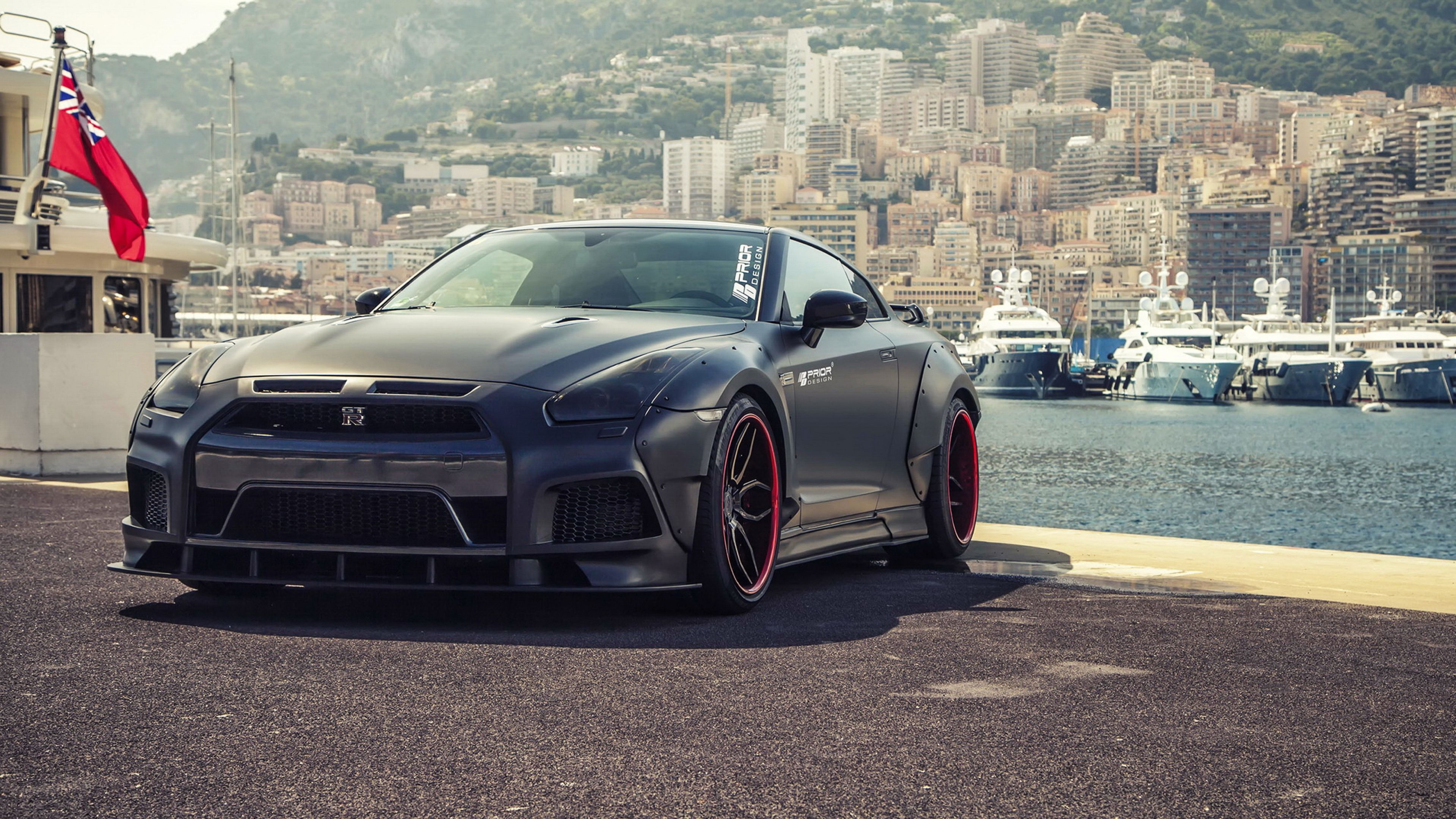 Nissan GT-R nera porto, 3840x2160 4K Ultra HD, Monitor 4K
