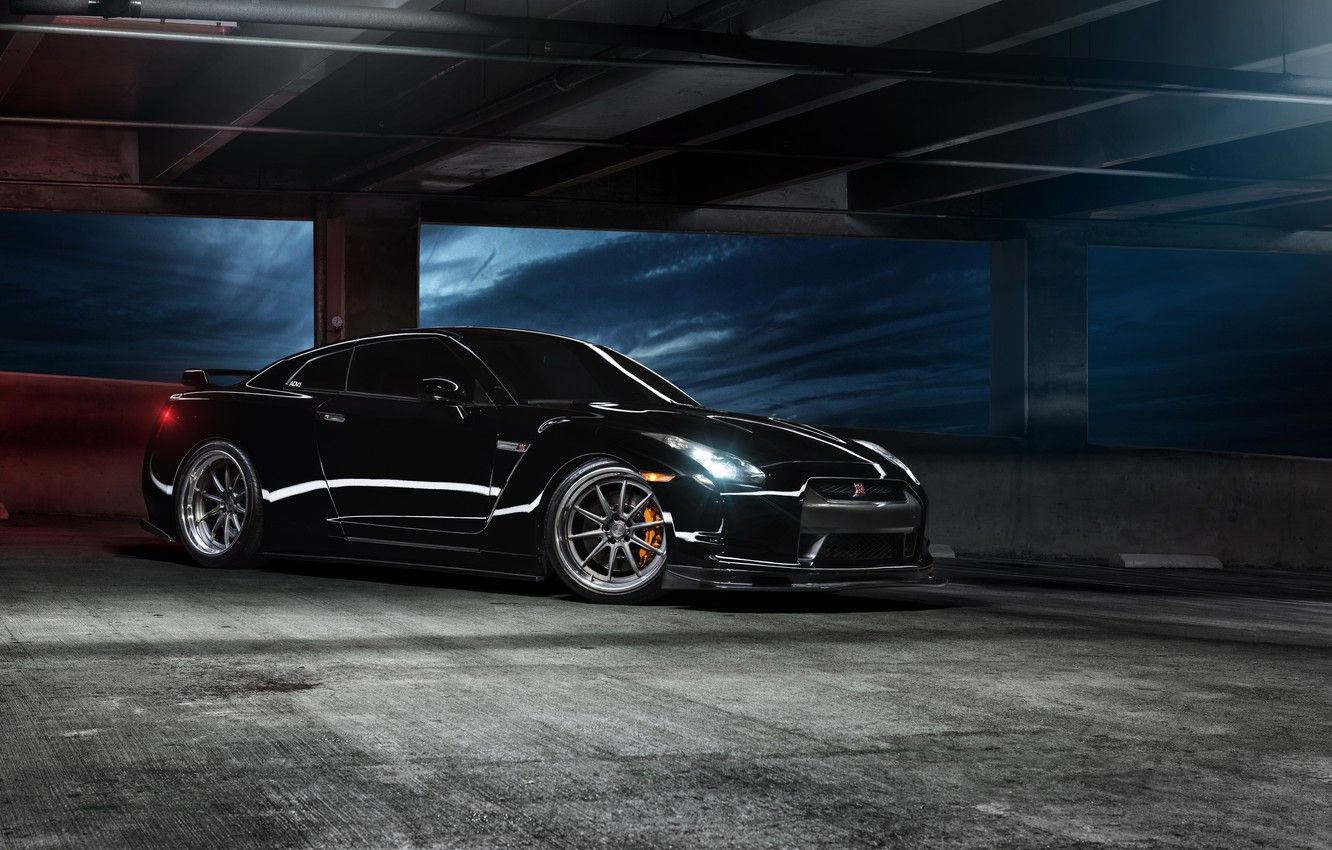 Nissan GT-R nera parcheggio, 1332x850 HD, HP Laptop