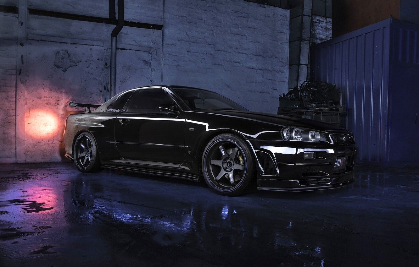 Nissan Skyline R34 GTR nera, 1332x850 720p, PC
