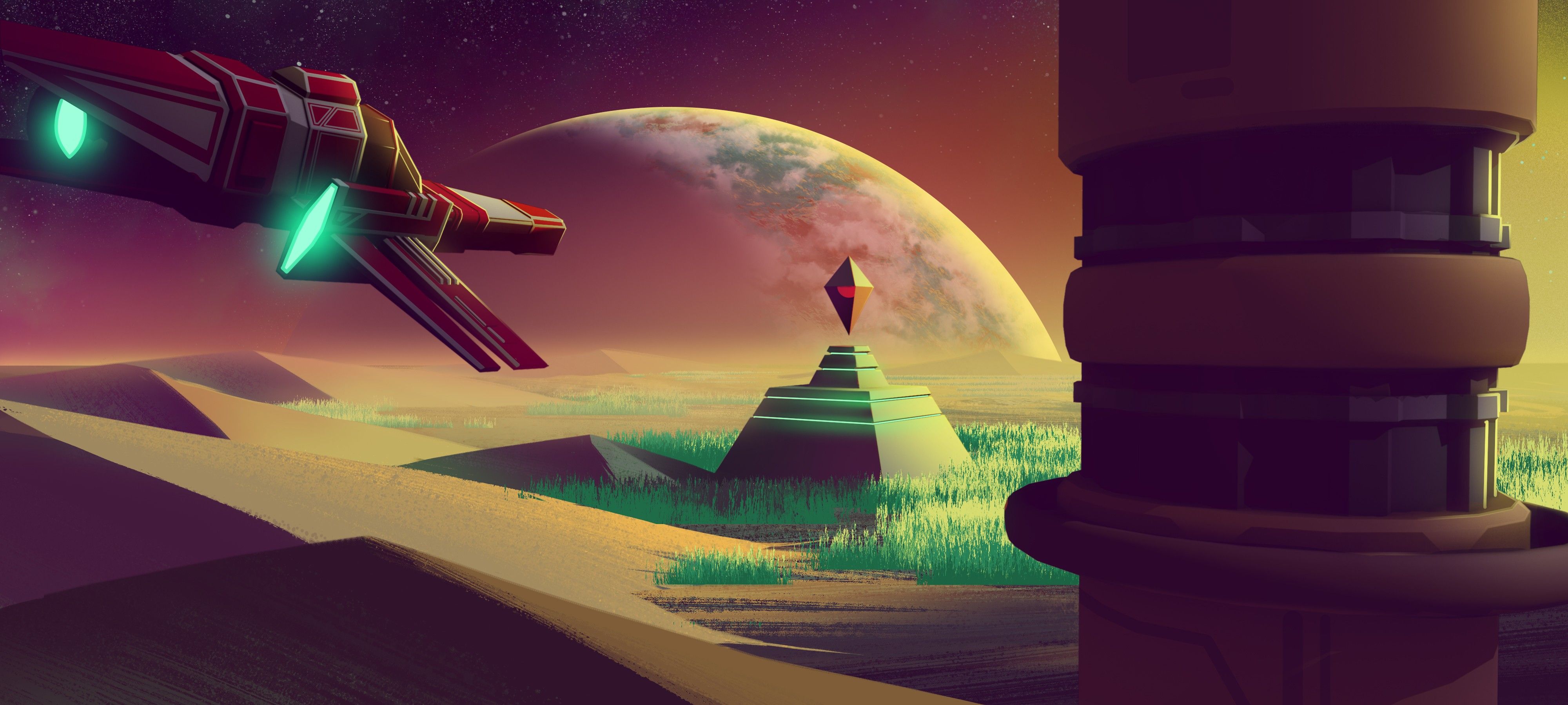 Astronave e piramide, paesaggio alieno, 4000x1800 21:9, Ultrawide