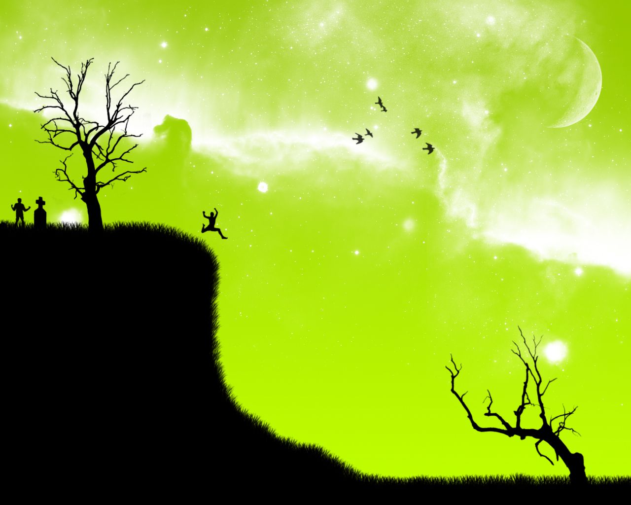 Silhouette bambino salta dirupo verde, 1280x1024 HD, Desktop