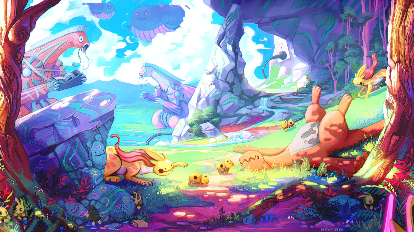 Paesaggio fantasy colorato con draghi, 1366x768 720p, Laptop
